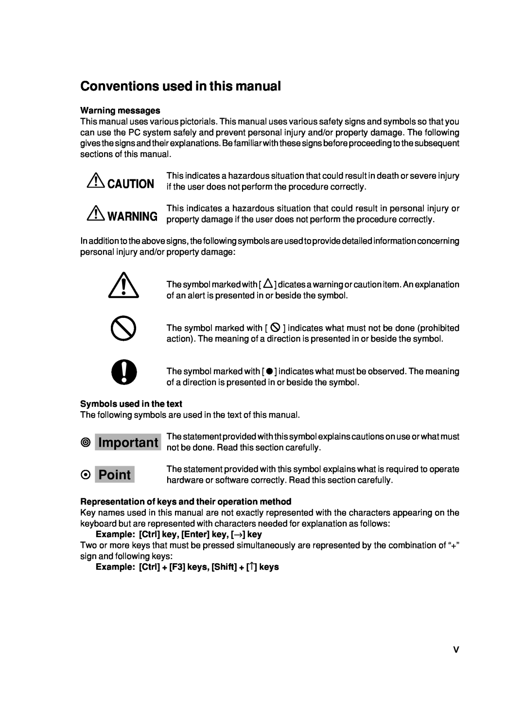 Fujitsu 500 user manual Conventions used in this manual, Point, Warning messages, Symbols used in the text 