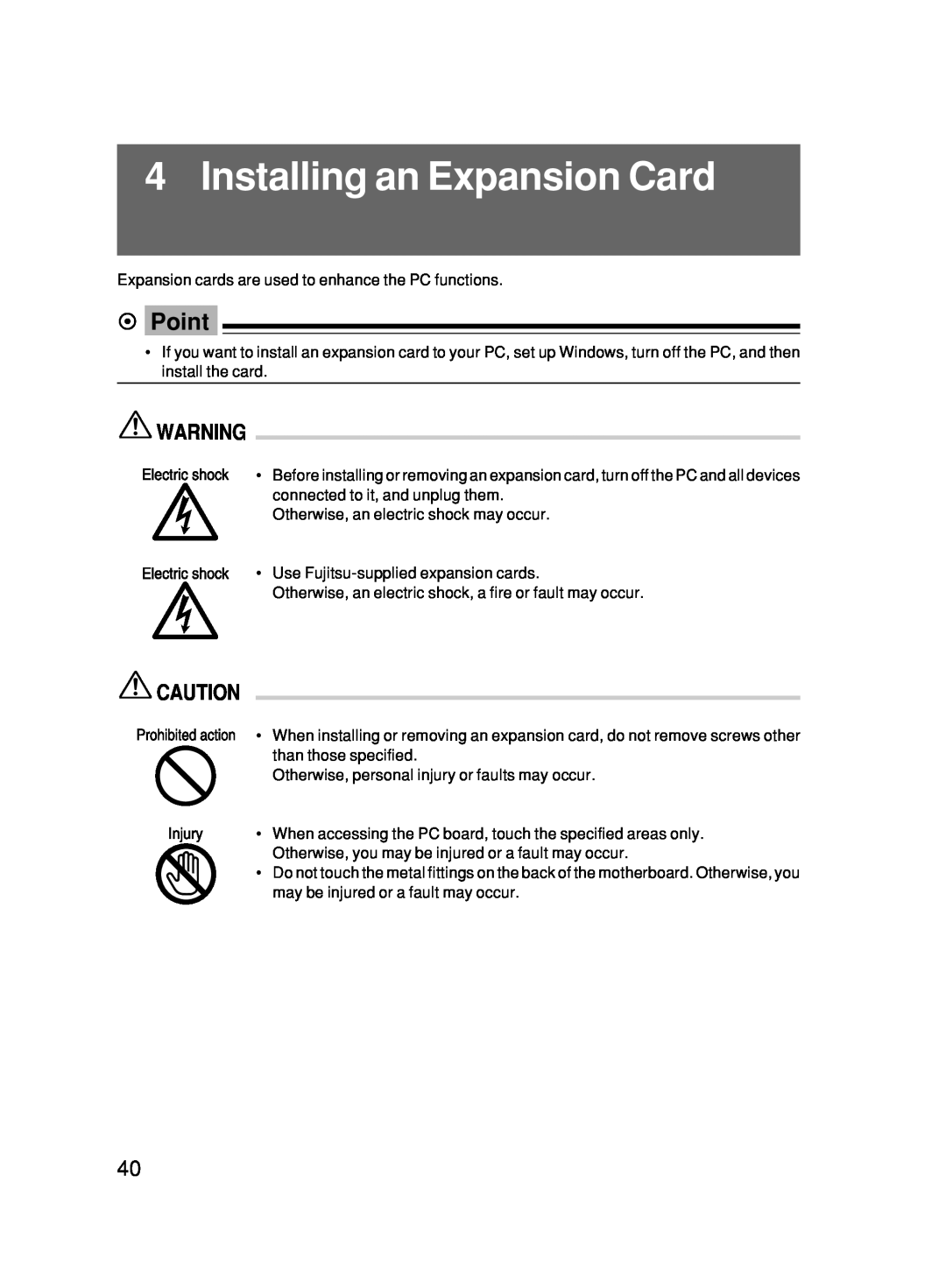 Fujitsu 500 user manual Installing an Expansion Card, Point 