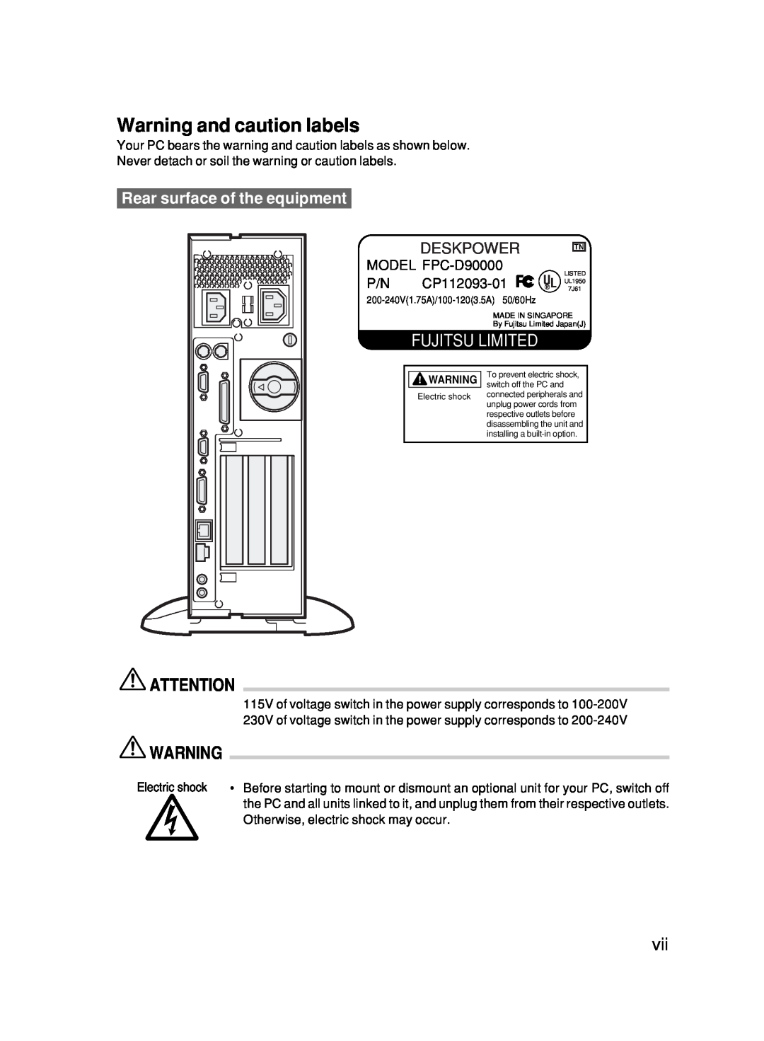 Fujitsu 500 Warning and caution labels, Rear surface of the equipment, Fujitsu Limited, Deskpower, MODEL FPC-D90000 