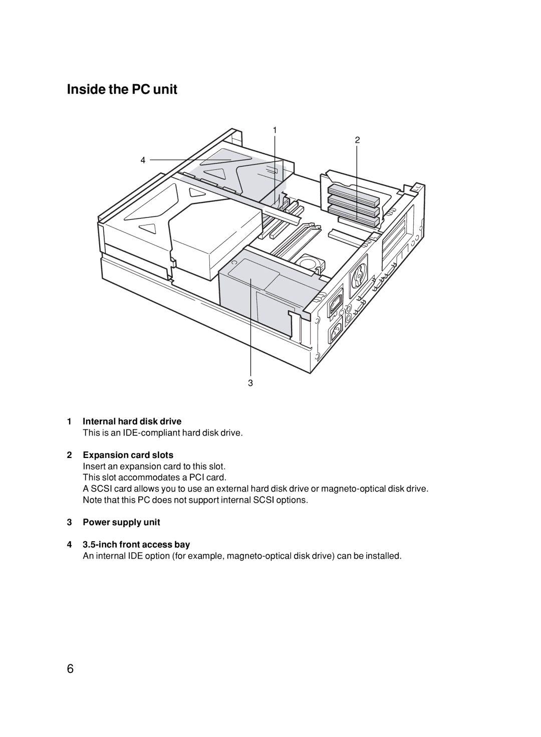 Fujitsu 500 user manual Inside the PC unit, Internal hard disk drive, Power supply unit Inch front access bay 