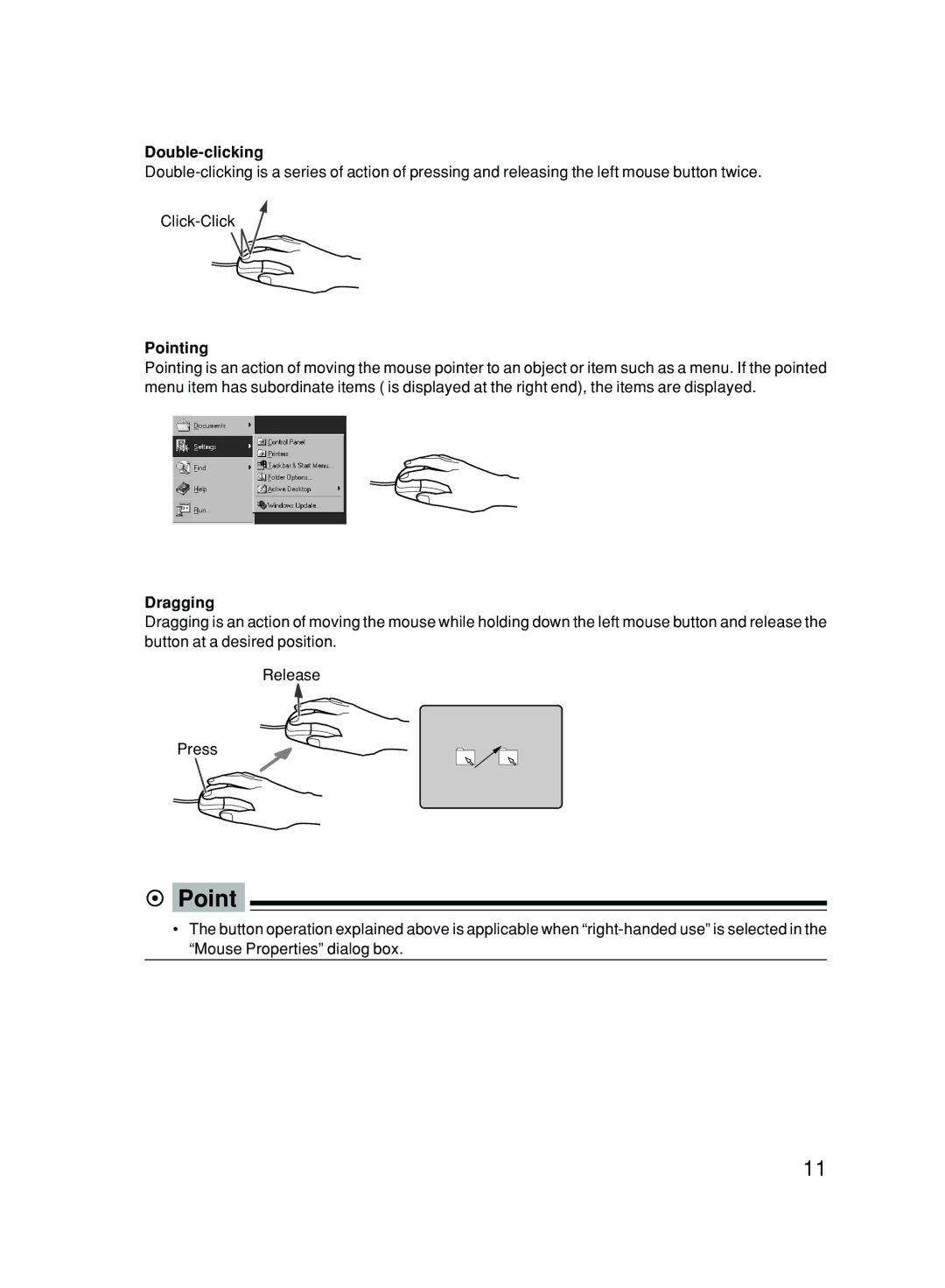 Fujitsu 500 user manual Double-clicking, Pointing, Dragging 