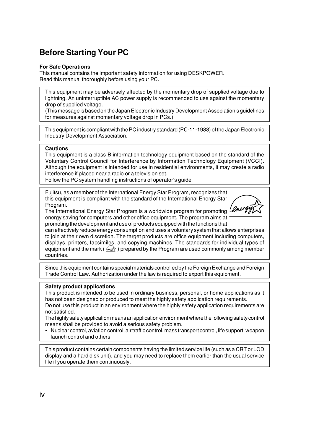 Fujitsu 500 user manual Before Starting Your PC, For Safe Operations, Safety product applications 