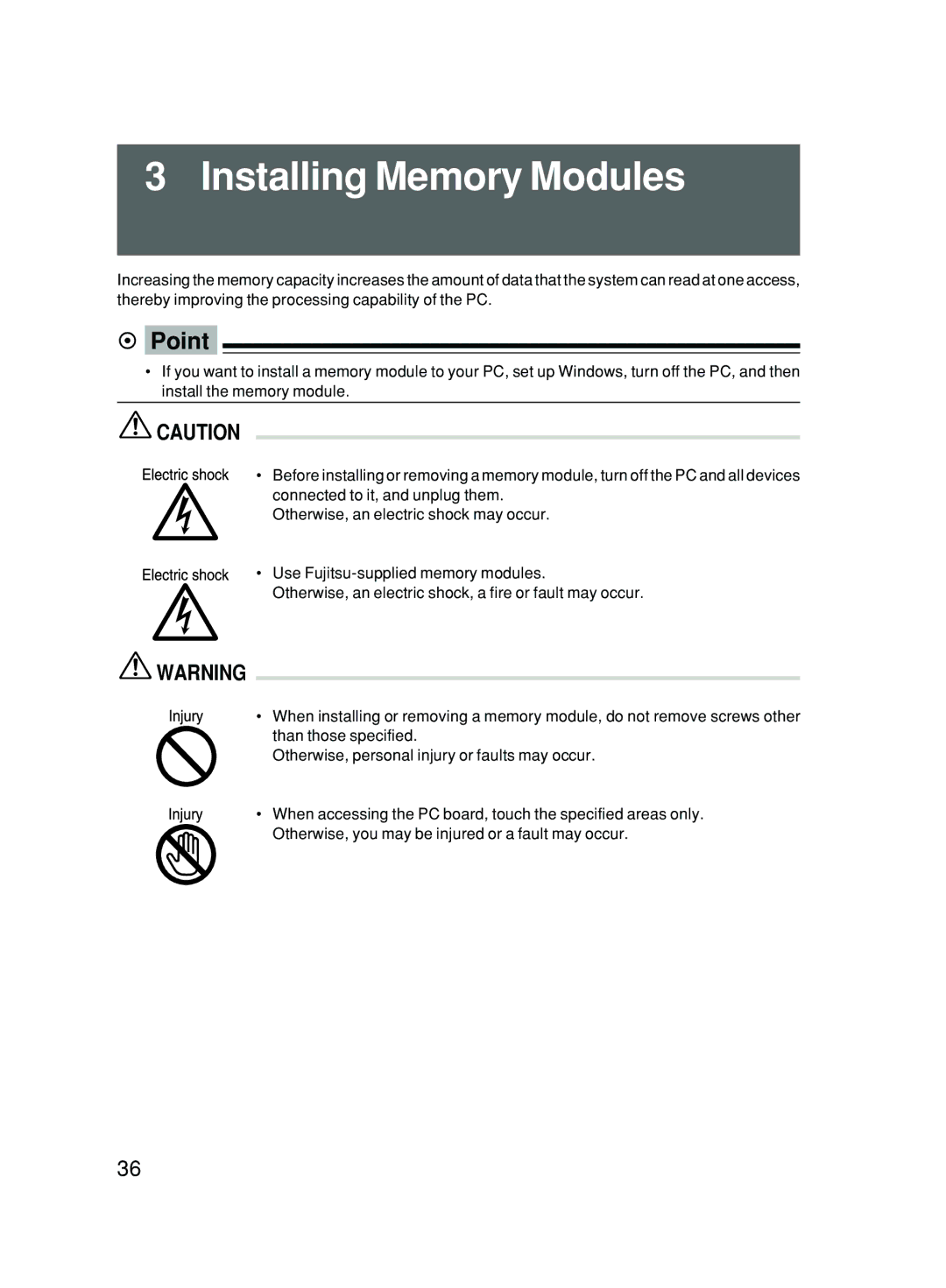 Fujitsu 500 user manual Installing Memory Modules 