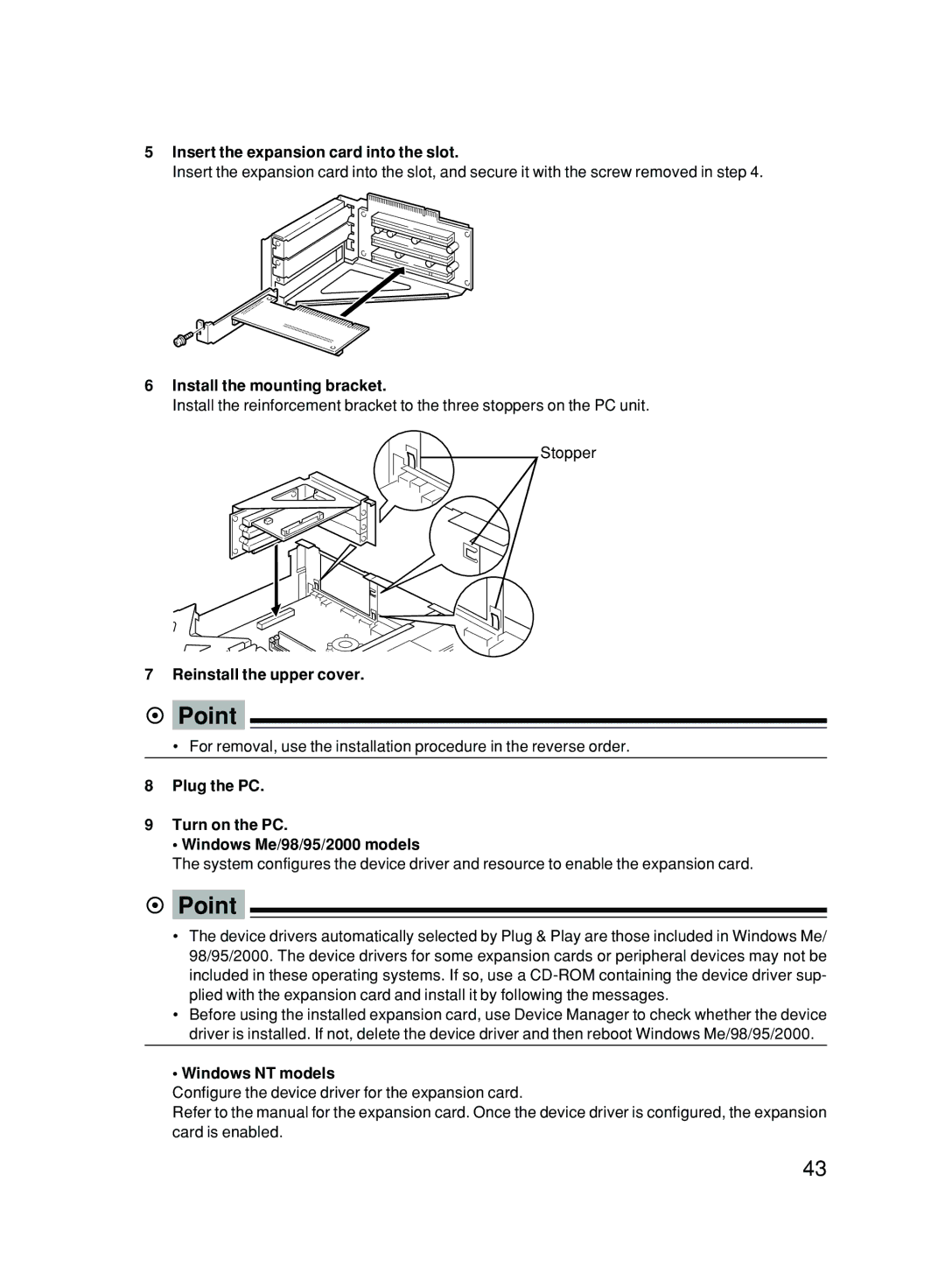 Fujitsu 500 user manual Insert the expansion card into the slot, Install the mounting bracket, Windows NT models 