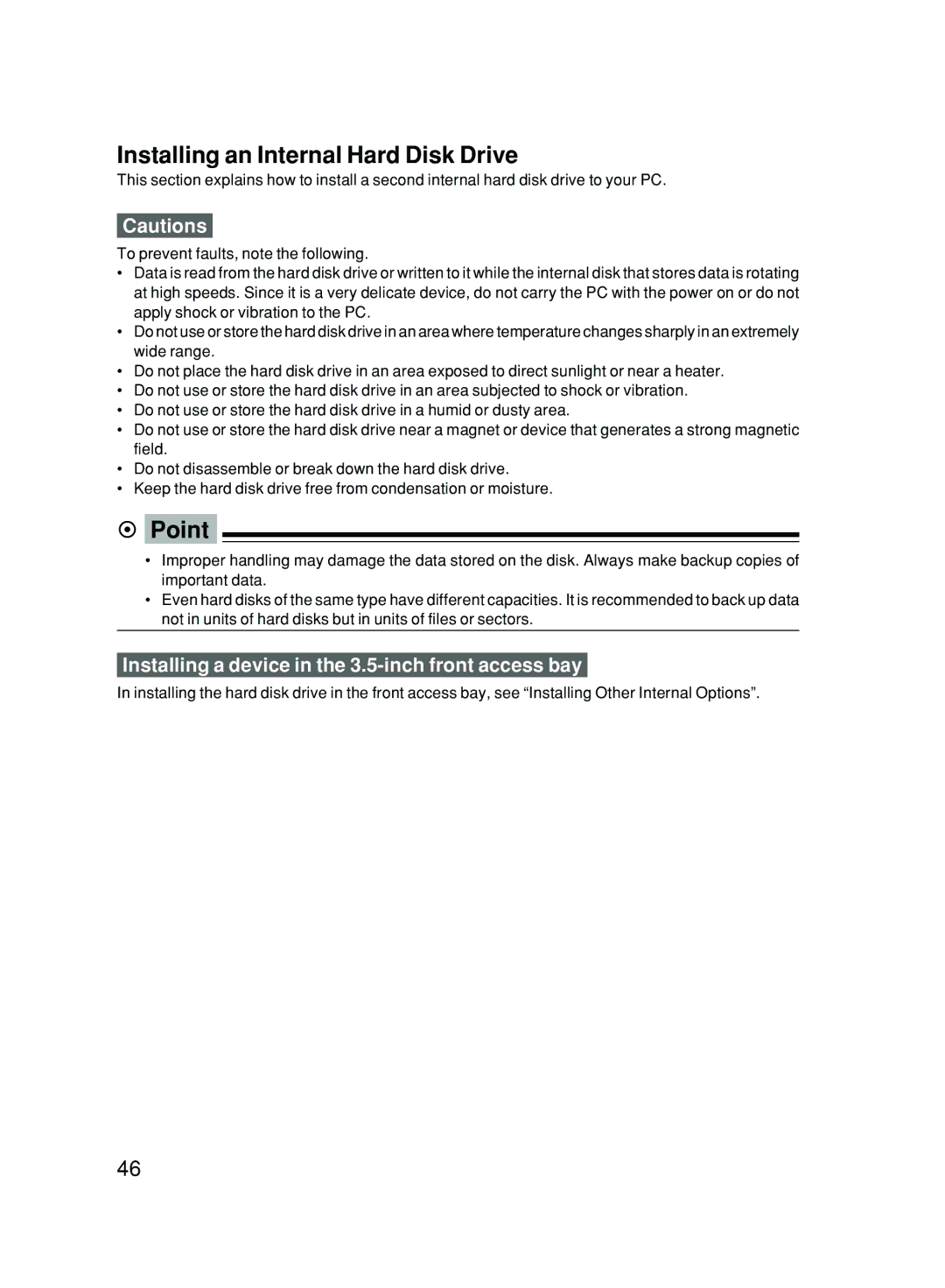 Fujitsu 500 user manual Installing an Internal Hard Disk Drive, Installing a device in the 3.5-inch front access bay 