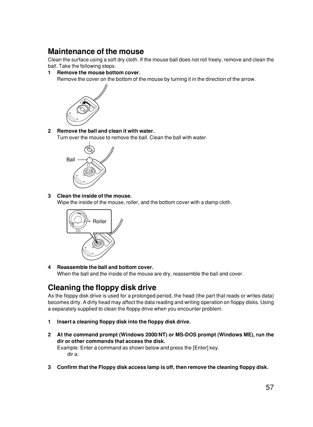 Fujitsu 500 user manual Maintenance of the mouse, Cleaning the floppy disk drive 