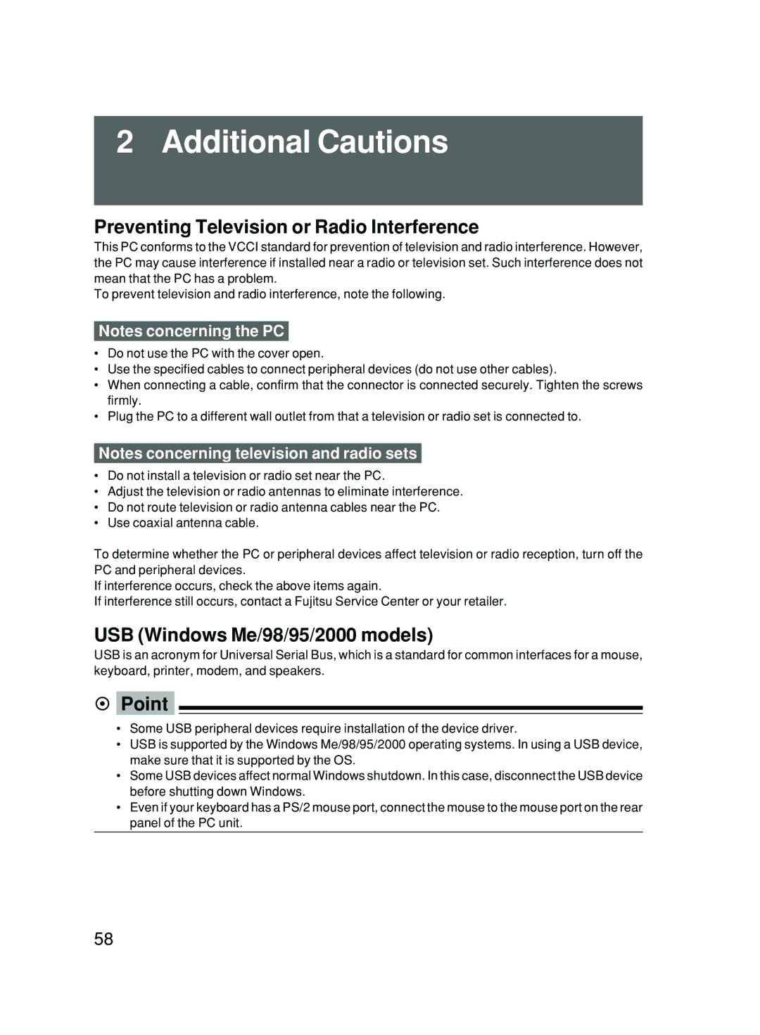 Fujitsu 500 user manual Additional Cautions, Preventing Television or Radio Interference, USB Windows Me/98/95/2000 models 