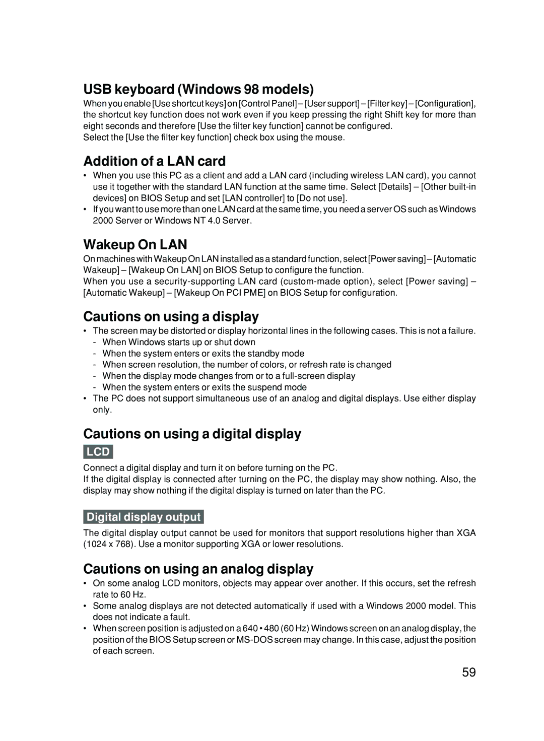 Fujitsu 500 user manual USB keyboard Windows 98 models, Addition of a LAN card, Wakeup On LAN, Digital display output 