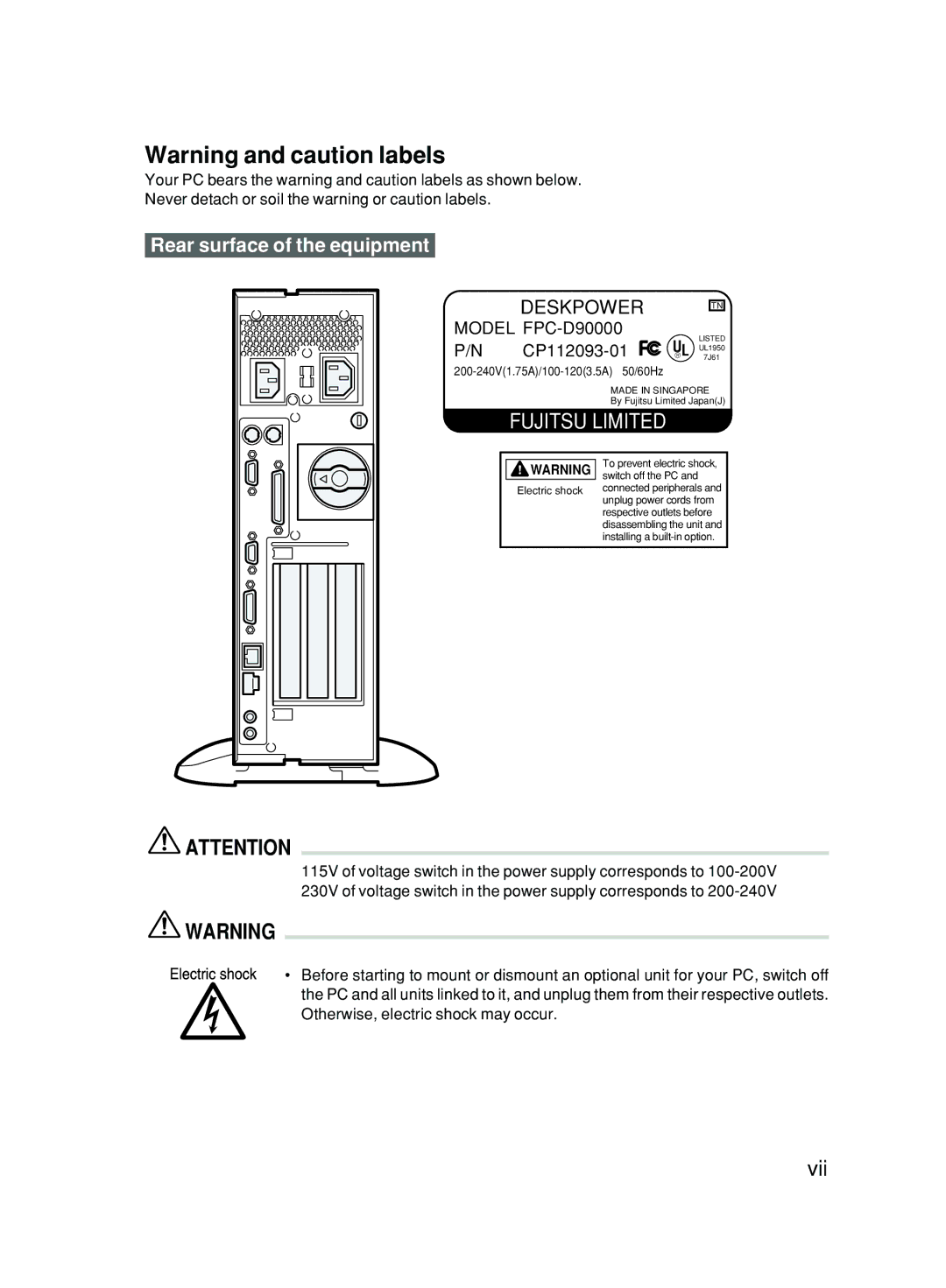 Fujitsu 500 user manual Rear surface of the equipment, Deskpower 