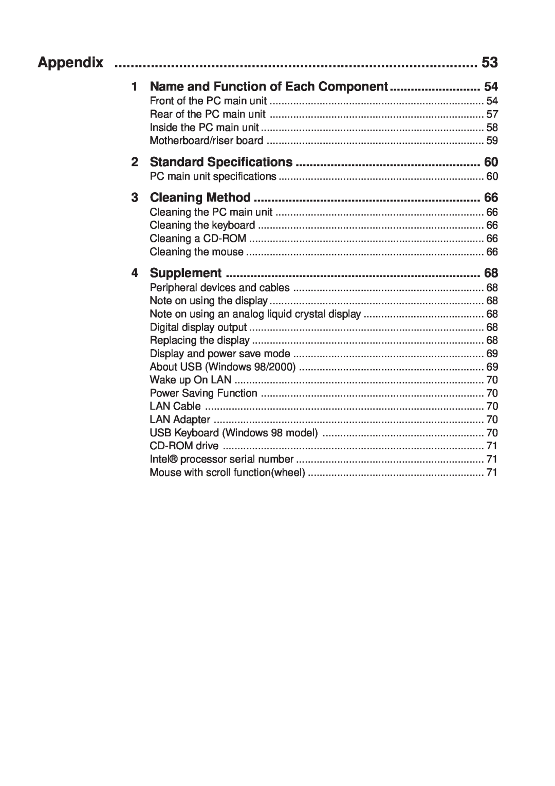 Fujitsu 5000 Name and Function of Each Component, Standard Specifications, Cleaning Method, Supplement, Appendix 