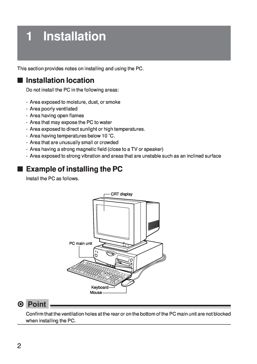 Fujitsu 5000 user manual Installation location, Example of installing the PC, ⁄ Point 