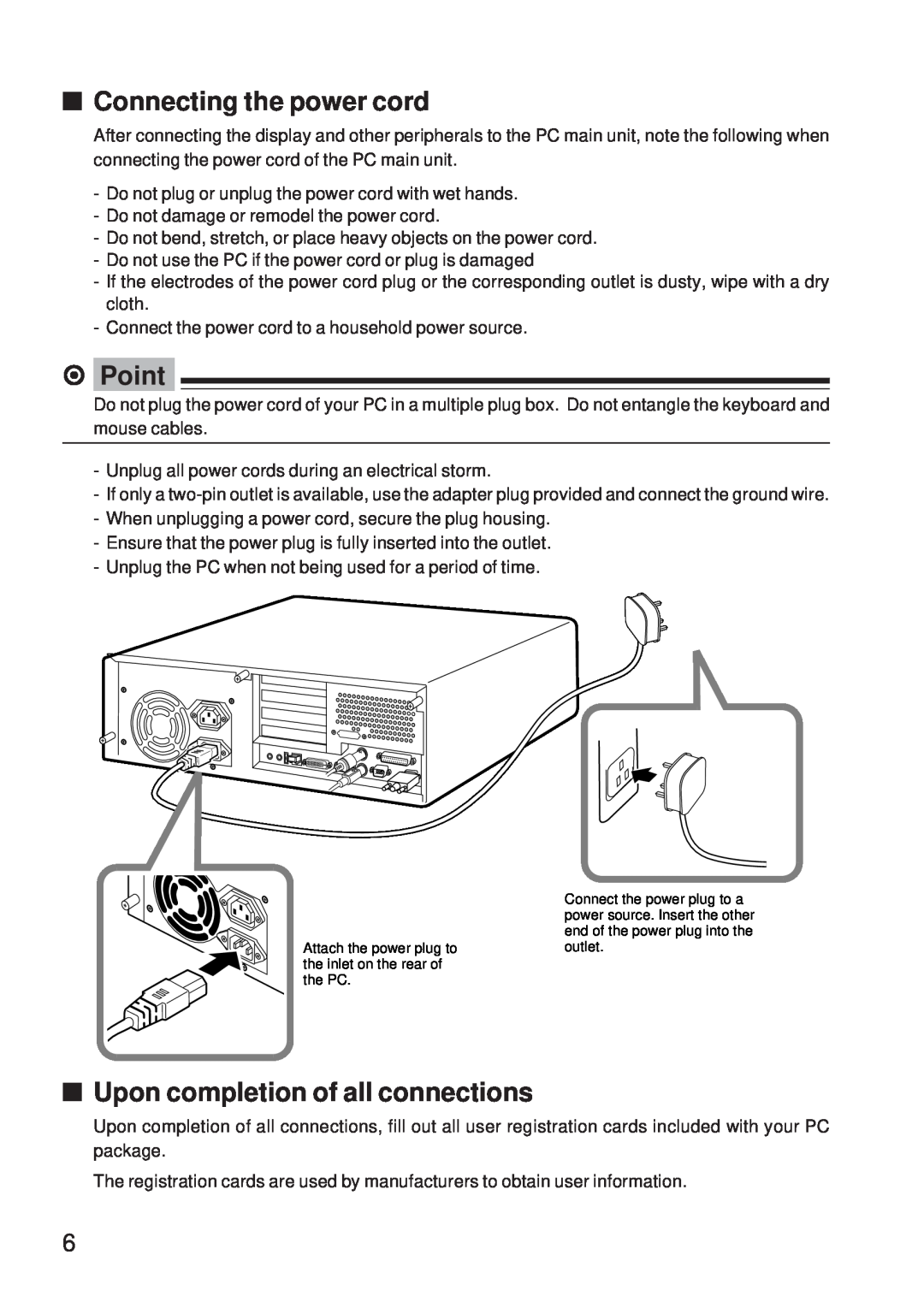 Fujitsu 5000 user manual Connecting the power cord, Upon completion of all connections, ⁄ Point 