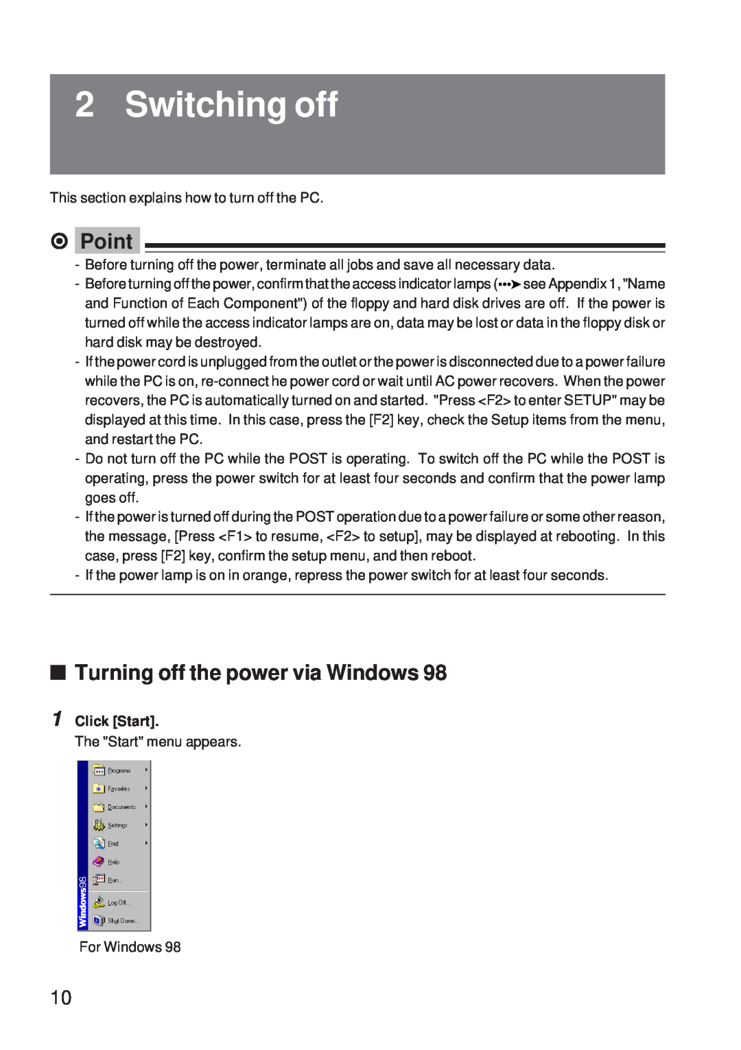 Fujitsu 5000 user manual Switching off, Turning off the power via Windows, Click Start, ⁄ Point 
