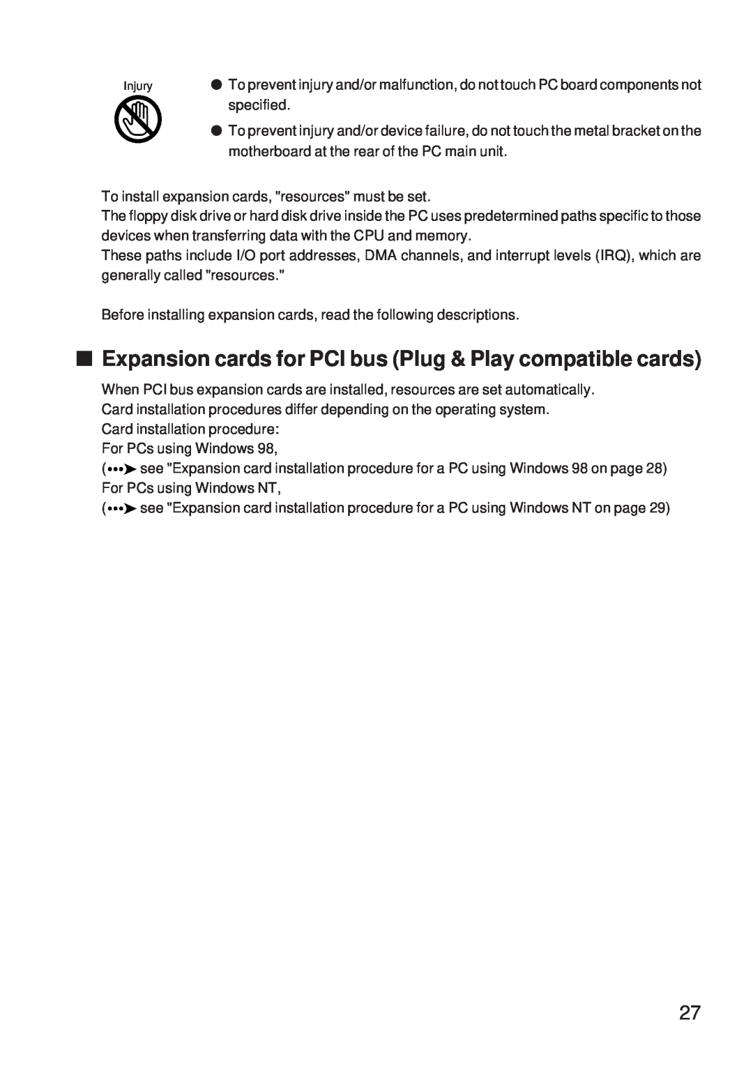 Fujitsu 5000 user manual Expansion cards for PCI bus Plug & Play compatible cards 