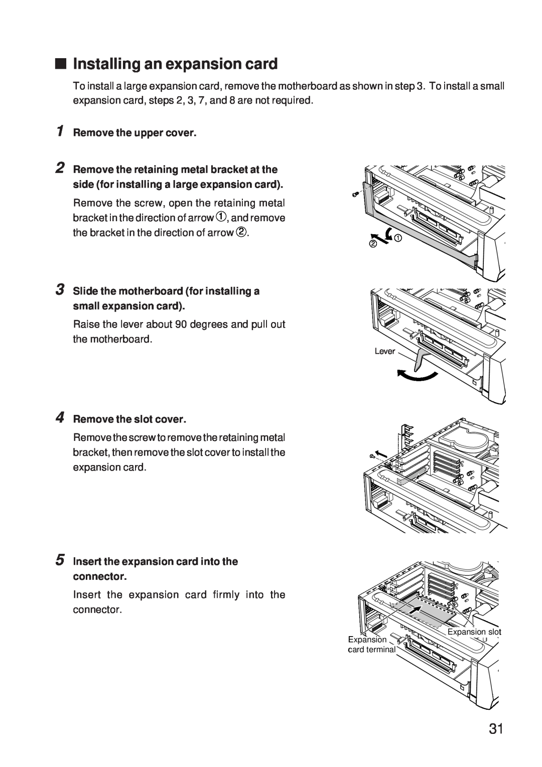 Fujitsu 5000 user manual Installing an expansion card, Slide the motherboard for installing a small expansion card 