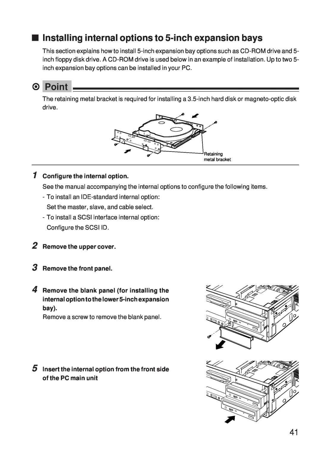 Fujitsu 5000 user manual Installing internal options to 5-inch expansion bays, Configure the internal option, ⁄ Point 