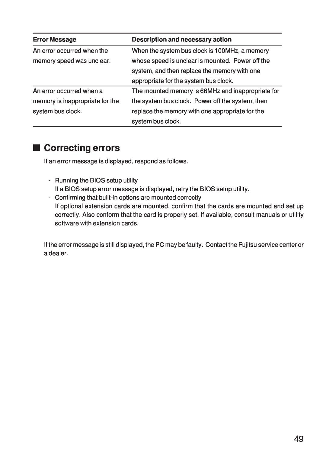 Fujitsu 5000 user manual Correcting errors, Error Message, Description and necessary action 