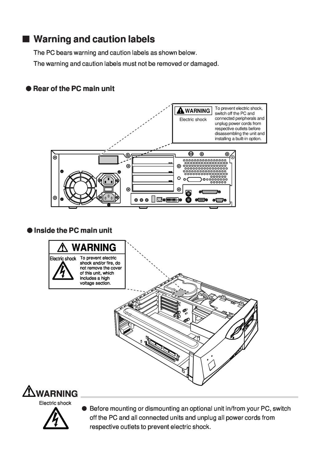 Fujitsu 5000 user manual Warning and caution labels, Rear of the PC main unit Inside the PC main unit 