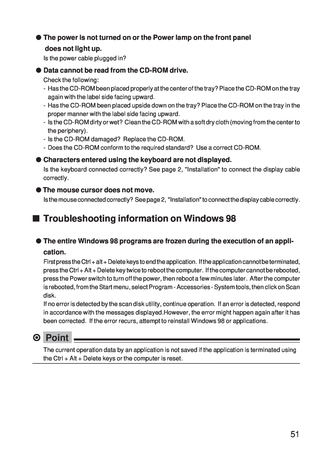 Fujitsu 5000 Troubleshooting information on Windows, The power is not turned on or the Power lamp on the front panel 