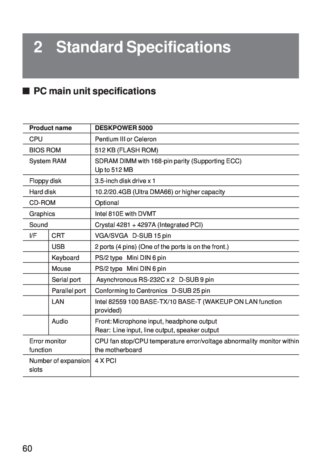 Fujitsu 5000 user manual Standard Specifications, PC main unit specifications, Product name, Deskpower 