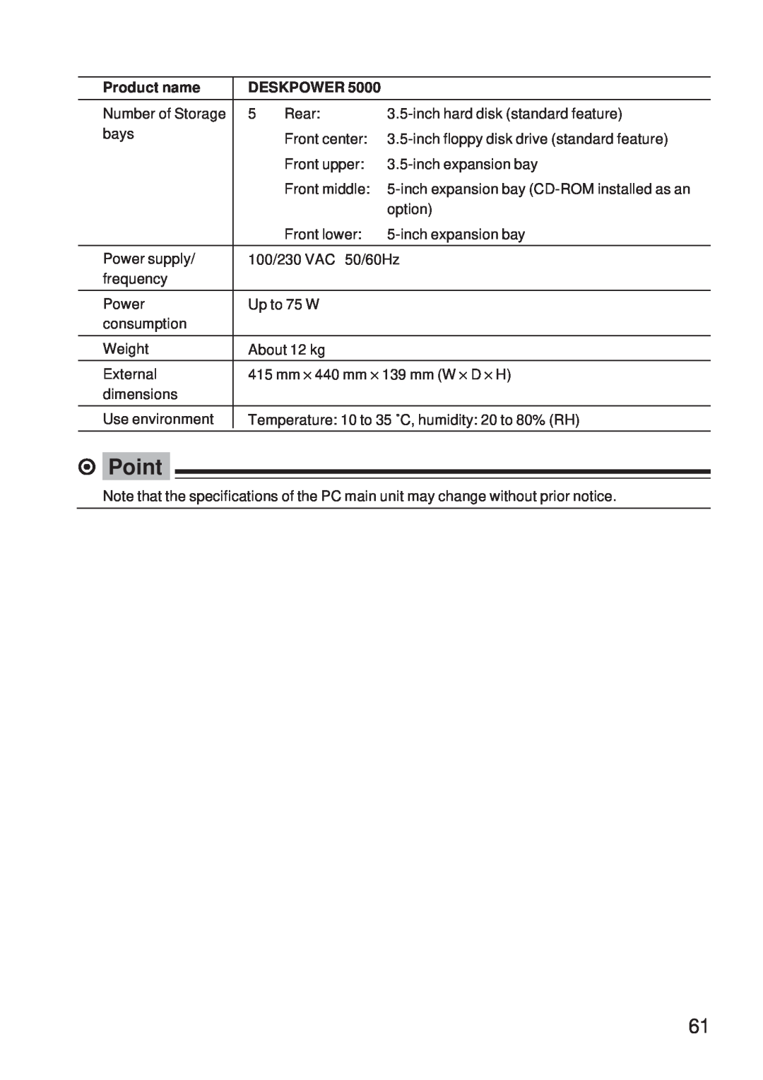 Fujitsu 5000 user manual ⁄ Point, Product name, Deskpower, Number of Storage 