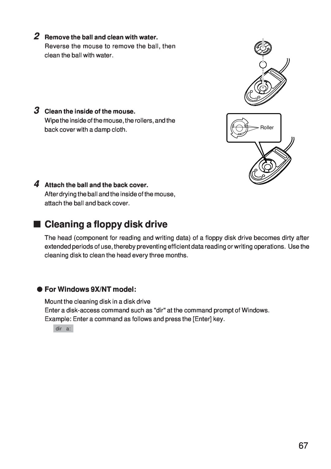 Fujitsu 5000 user manual Cleaning a floppy disk drive, For Windows 9X/NT model, Remove the ball and clean with water 