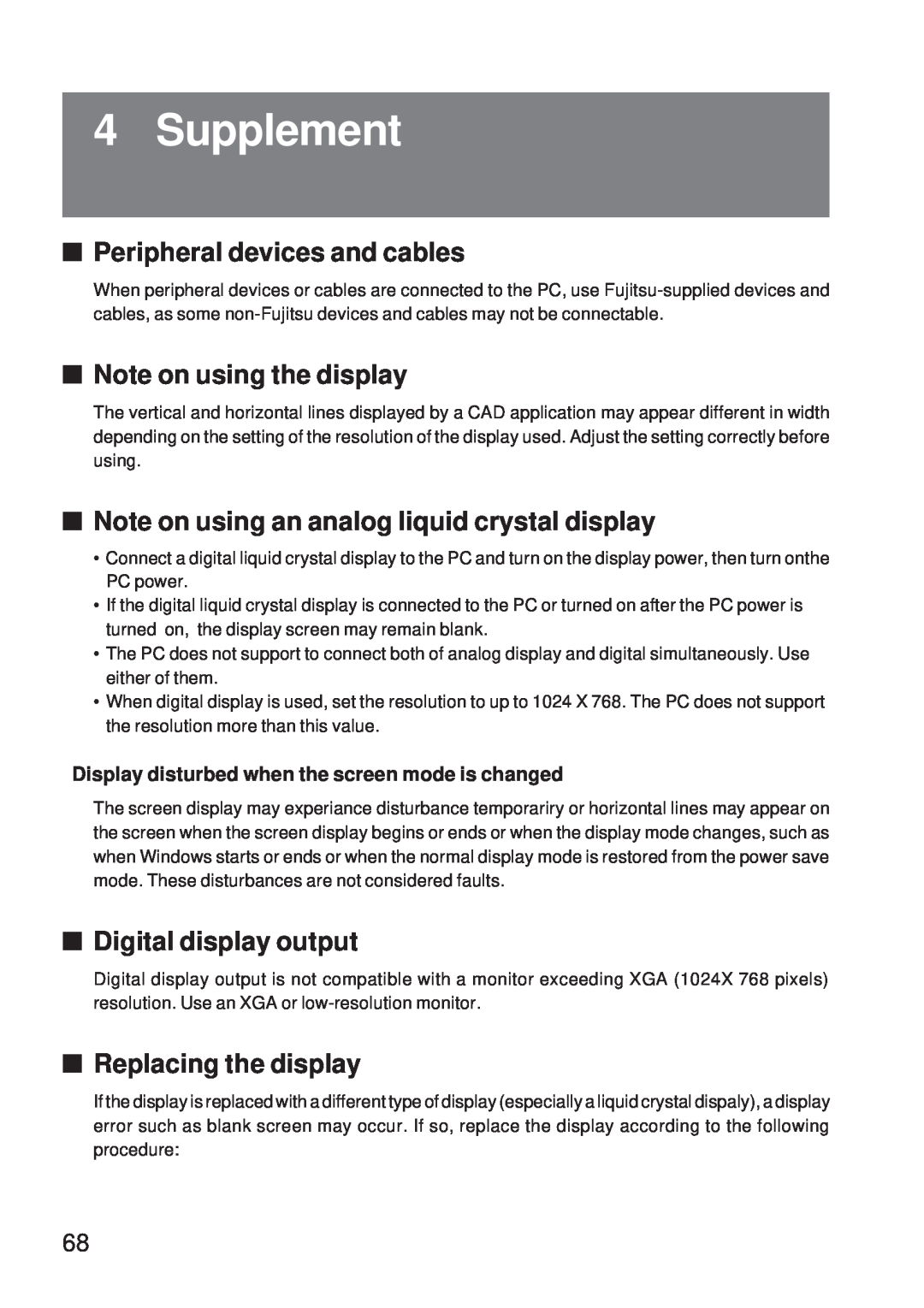 Fujitsu 5000 user manual Supplement, Peripheral devices and cables, Note on using the display, Digital display output 