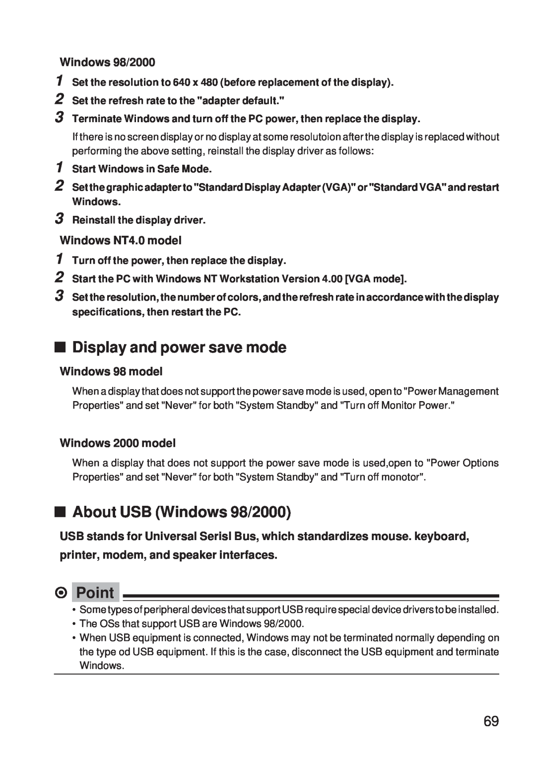 Fujitsu 5000 user manual About USB Windows 98/2000, printer, modem, and speaker interfaces, ⁄ Point 