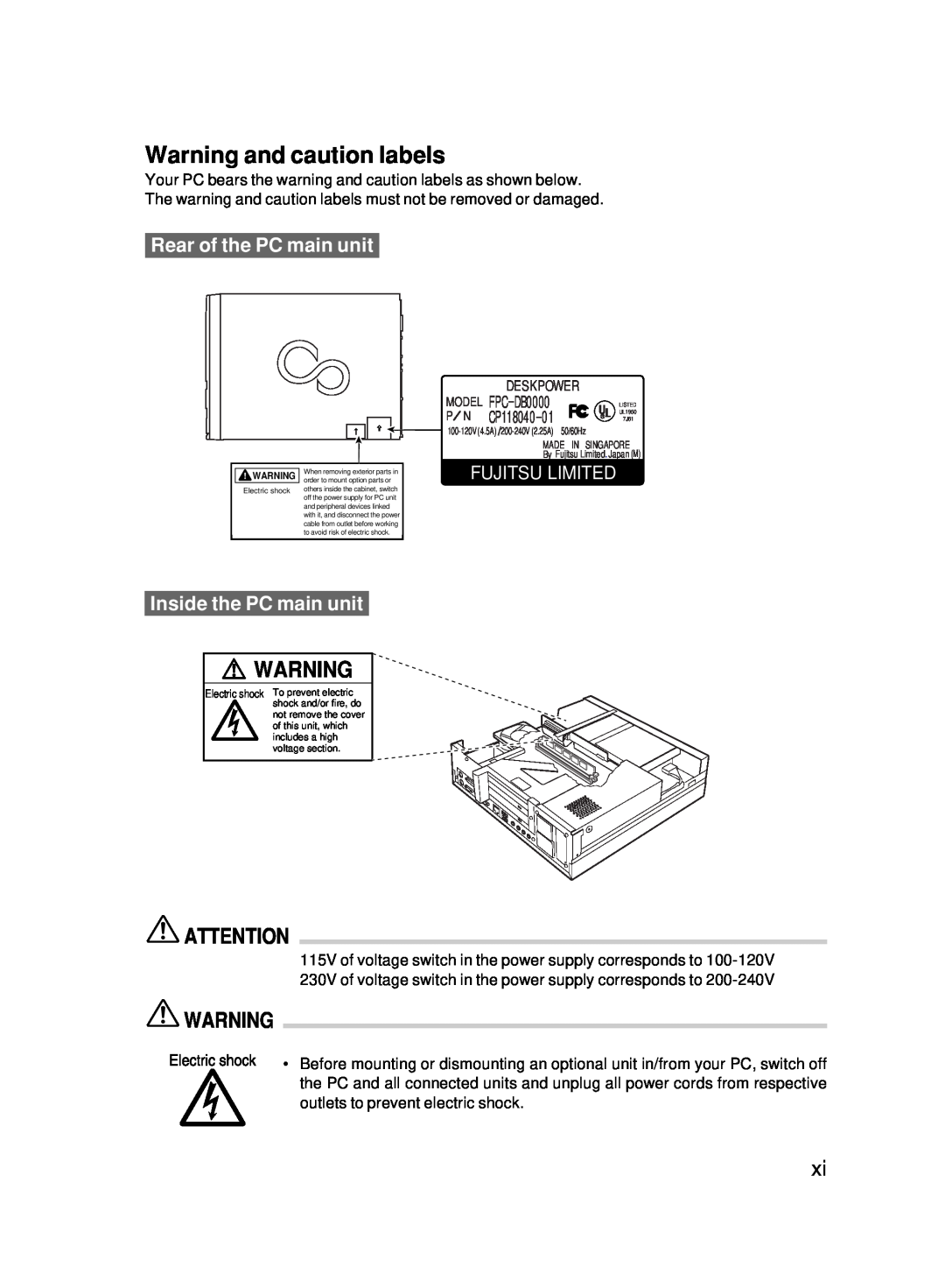 Fujitsu 5000 Warning and caution labels, Rear of the PC main unit, Fujitsu Limited, Inside the PC main unit, Deskpower 