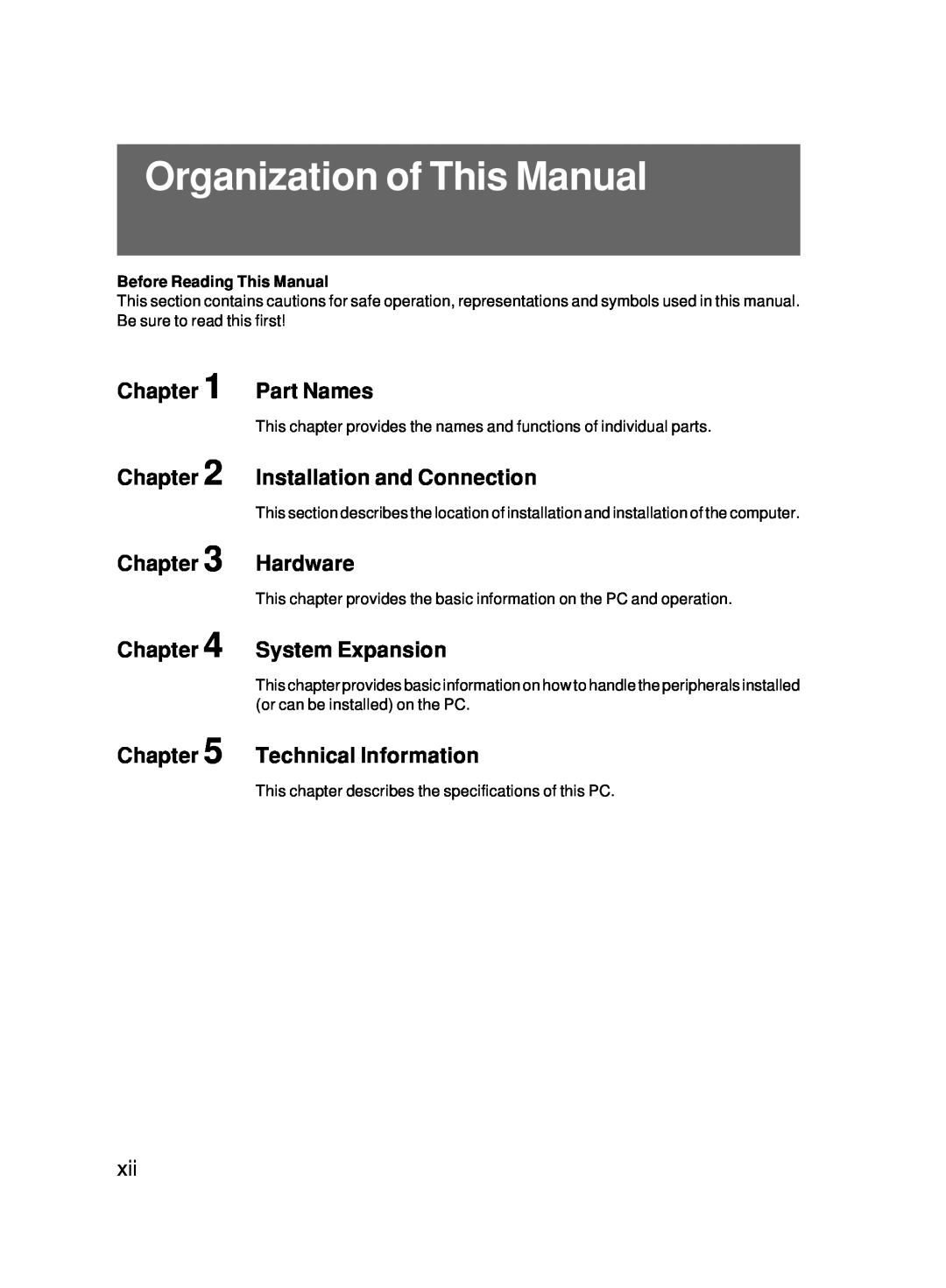 Fujitsu 5000 user manual Organization of This Manual, Part Names, Installation and Connection, Hardware, System Expansion 