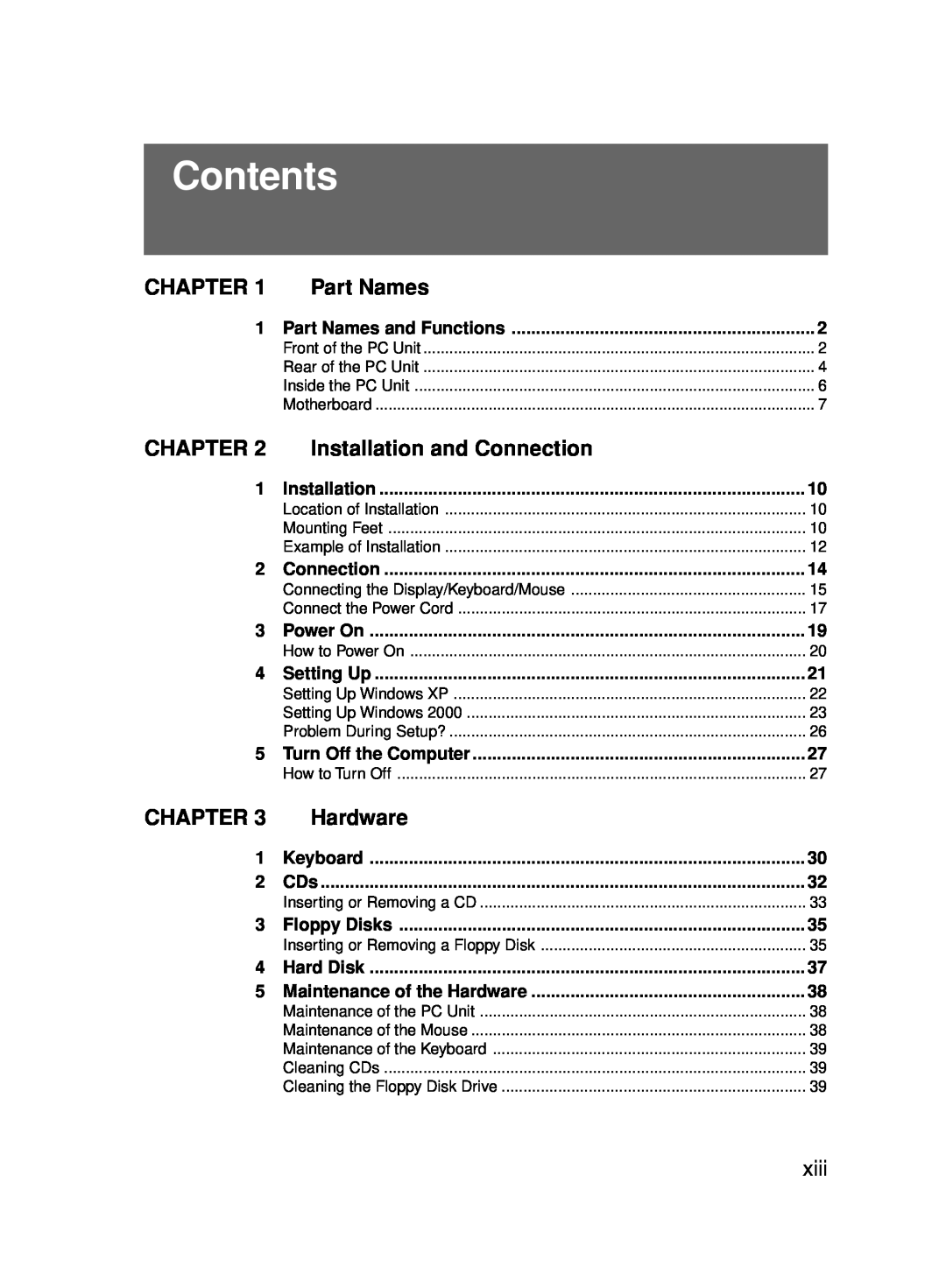 Fujitsu 5000 user manual Contents, Part Names, Installation and Connection, Hardware, xiii, Chapter 