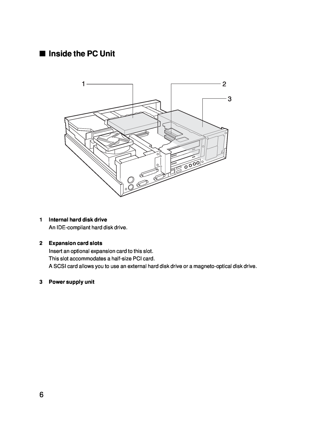 Fujitsu 5000 user manual Inside the PC Unit, Internal hard disk drive, Expansion card slots, Power supply unit 