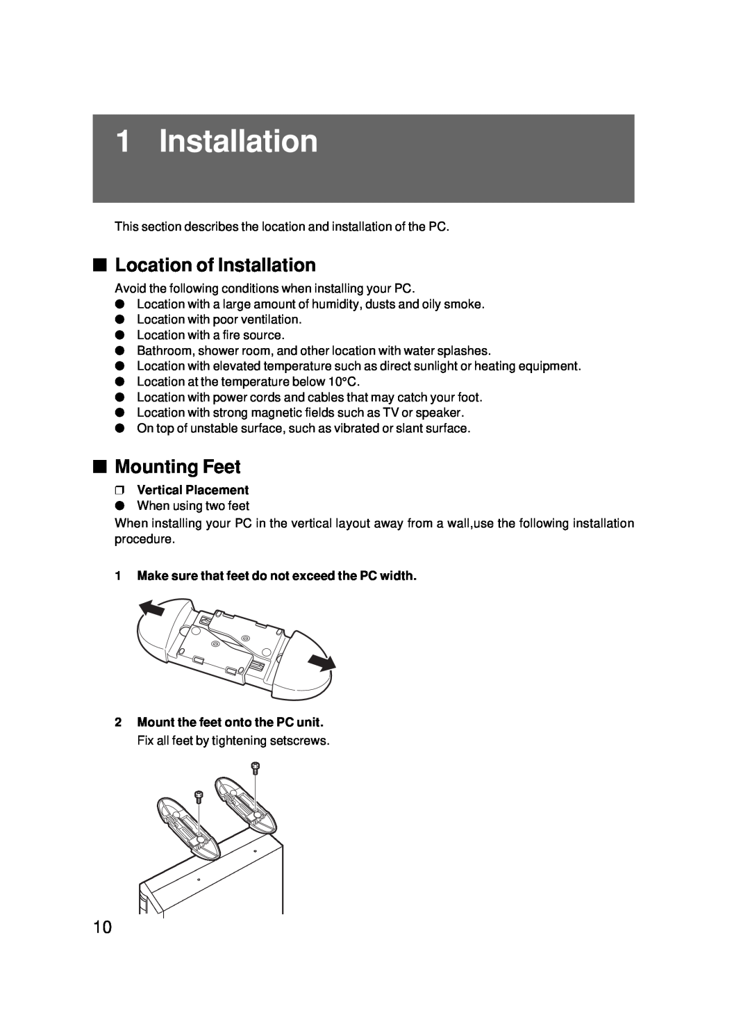 Fujitsu 5000 user manual Location of Installation, Mounting Feet, Vertical Placement 