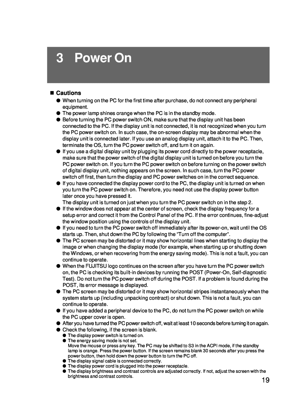 Fujitsu 5000 user manual Power On, Cautions 