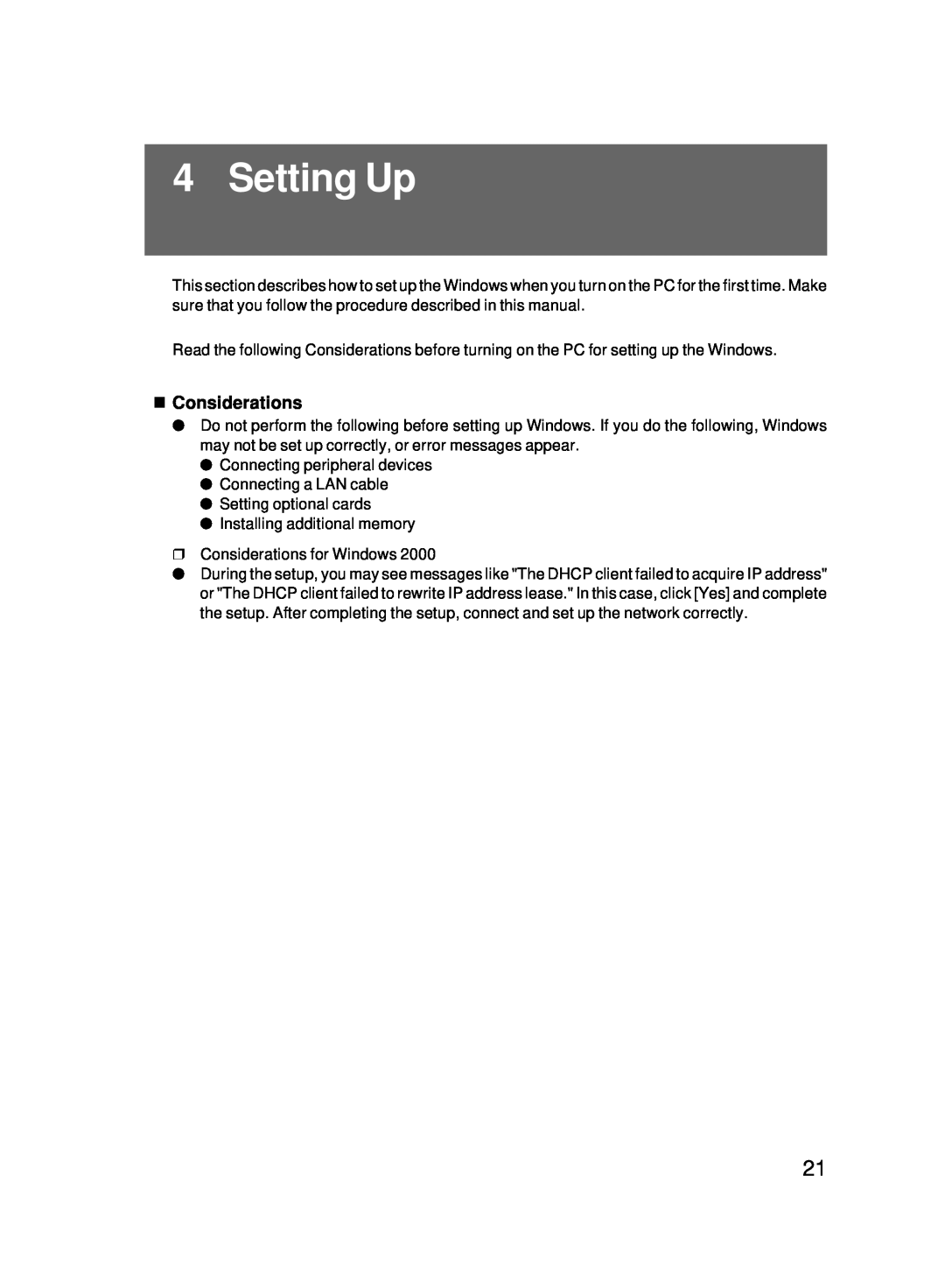Fujitsu 5000 user manual Setting Up, Considerations 