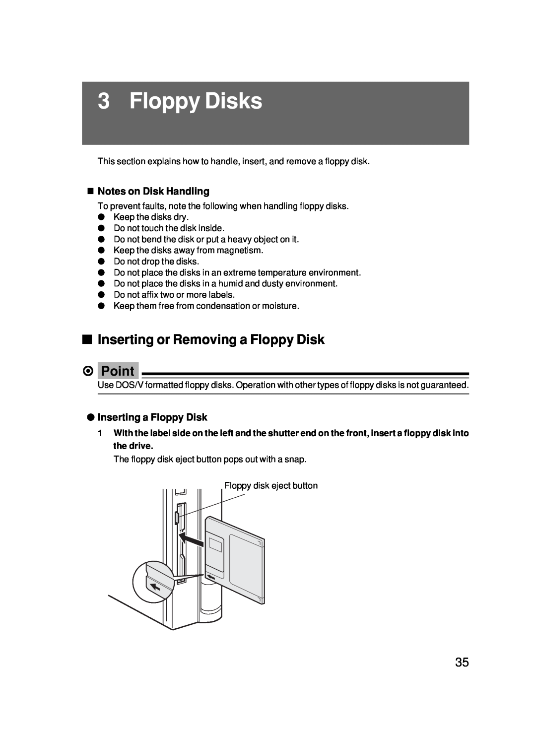 Fujitsu 5000 user manual Floppy Disks, Inserting or Removing a Floppy Disk Point 