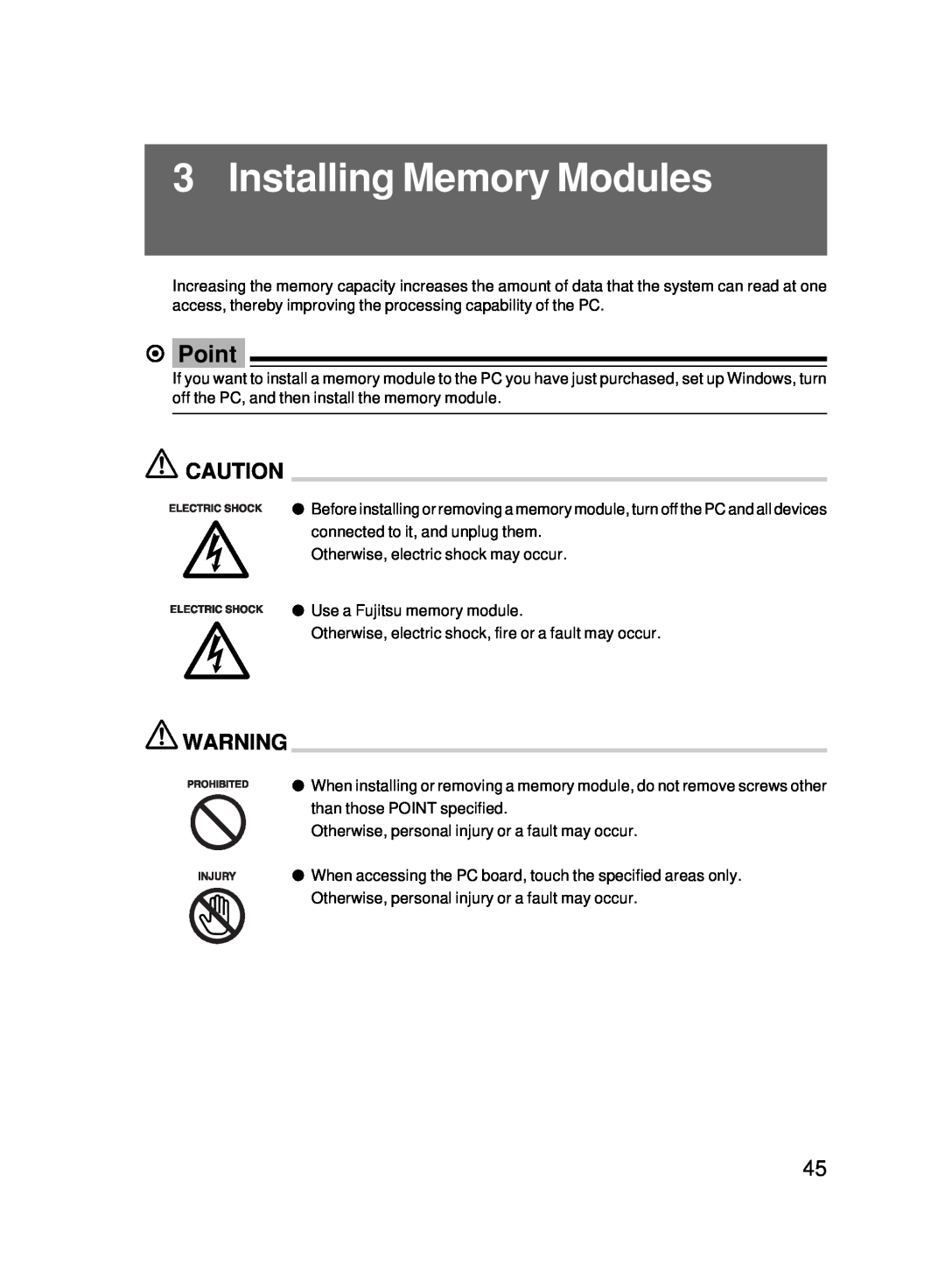 Fujitsu 5000 user manual Installing Memory Modules, Point 