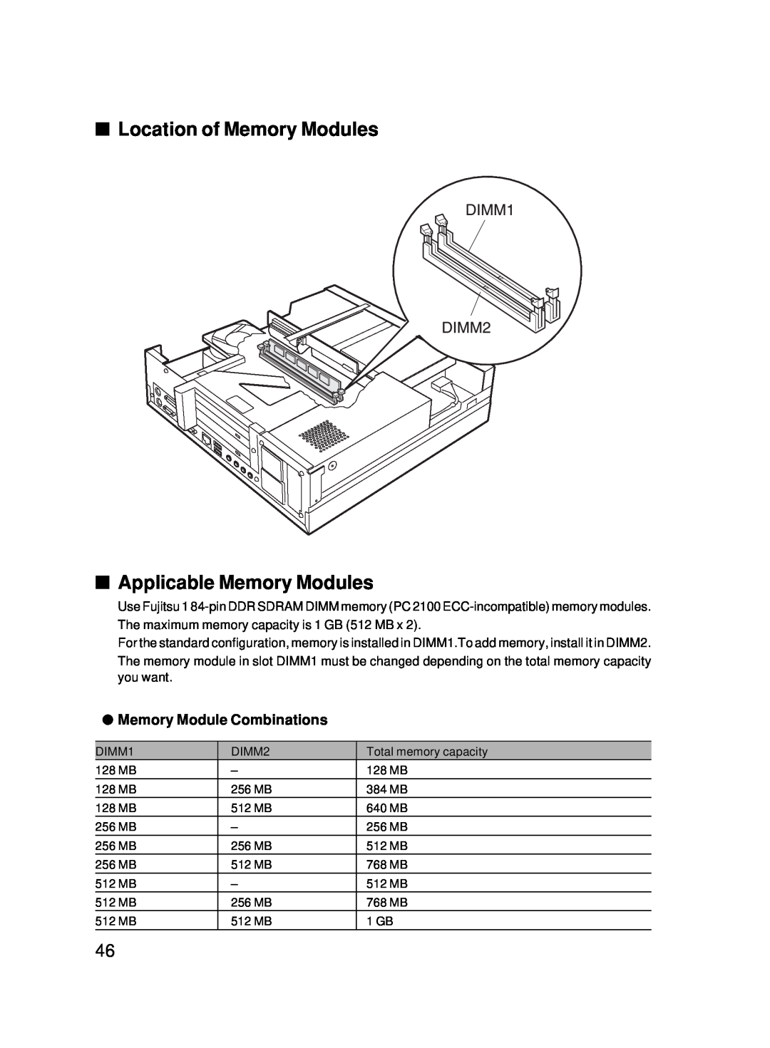 Fujitsu 5000 user manual Location of Memory Modules Applicable Memory Modules, Memory Module Combinations 
