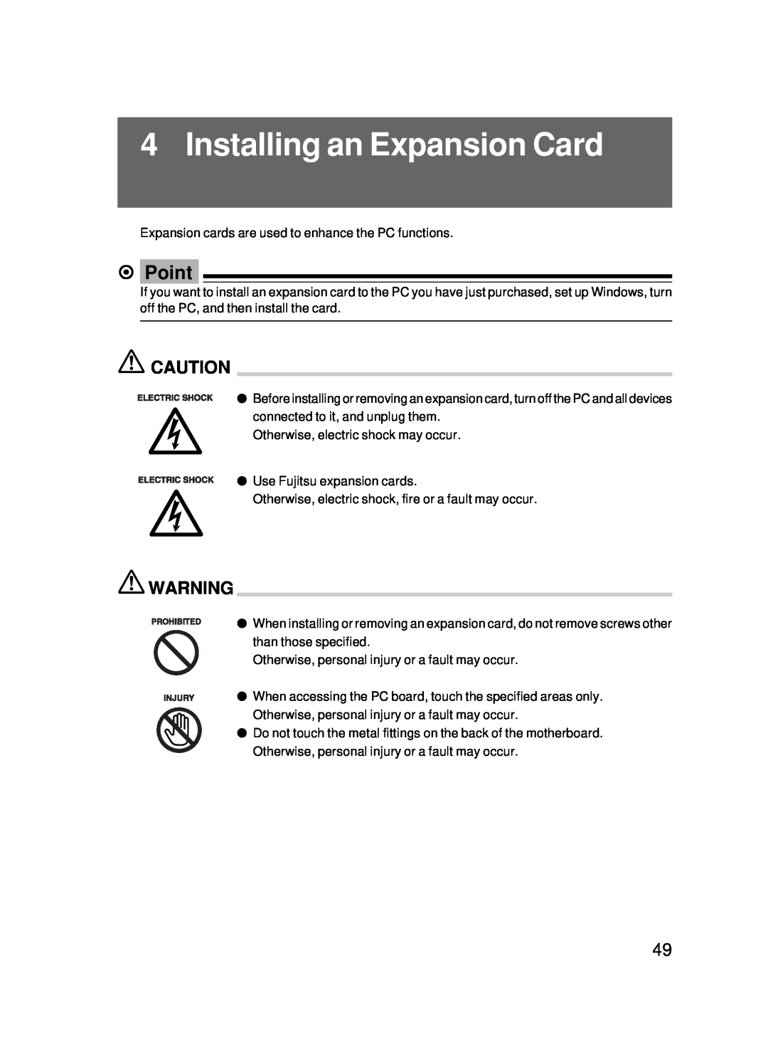 Fujitsu 5000 user manual Installing an Expansion Card, Point 