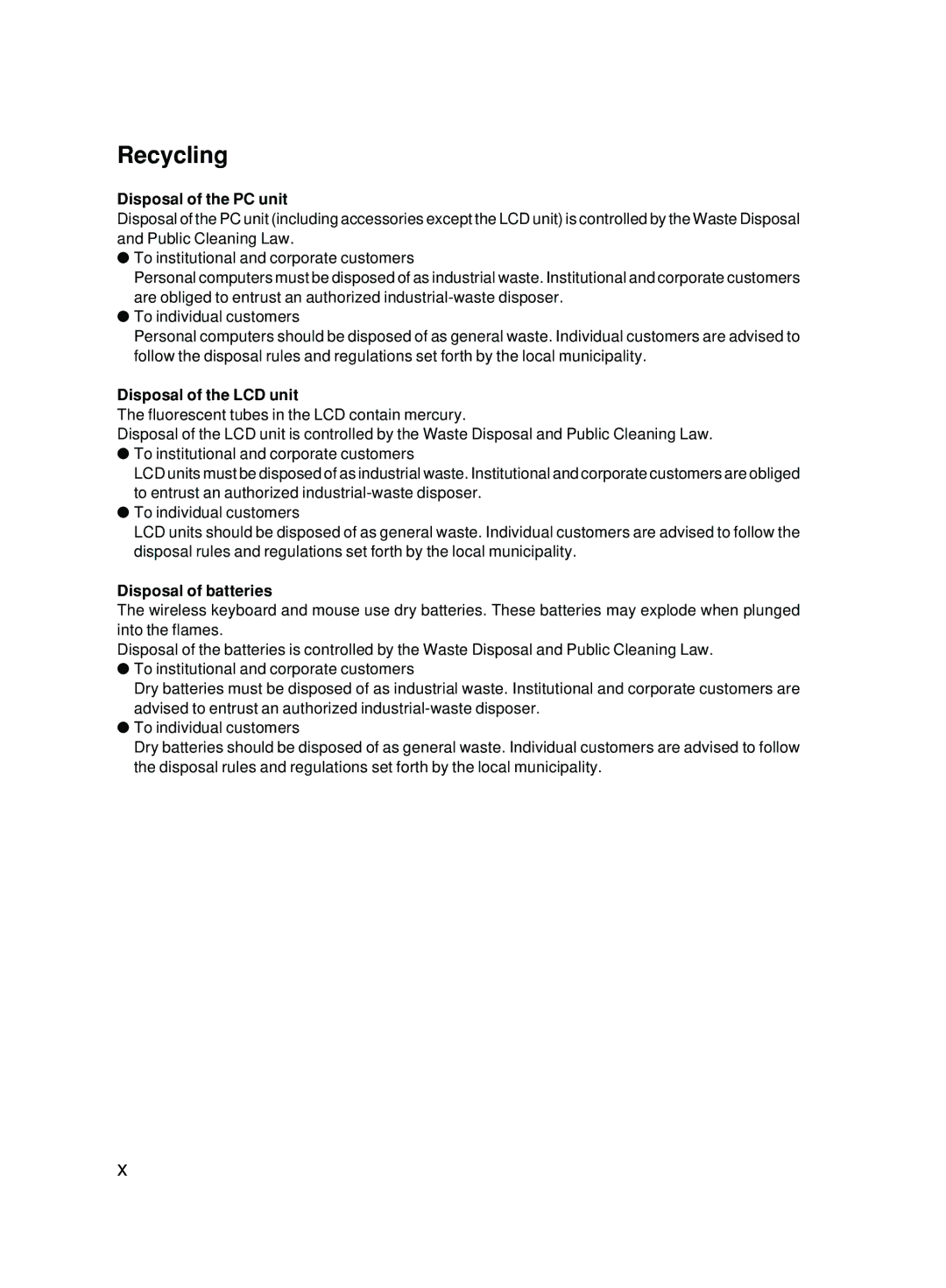 Fujitsu 5000 user manual Recycling, Disposal of the PC unit, Disposal of the LCD unit, Disposal of batteries 