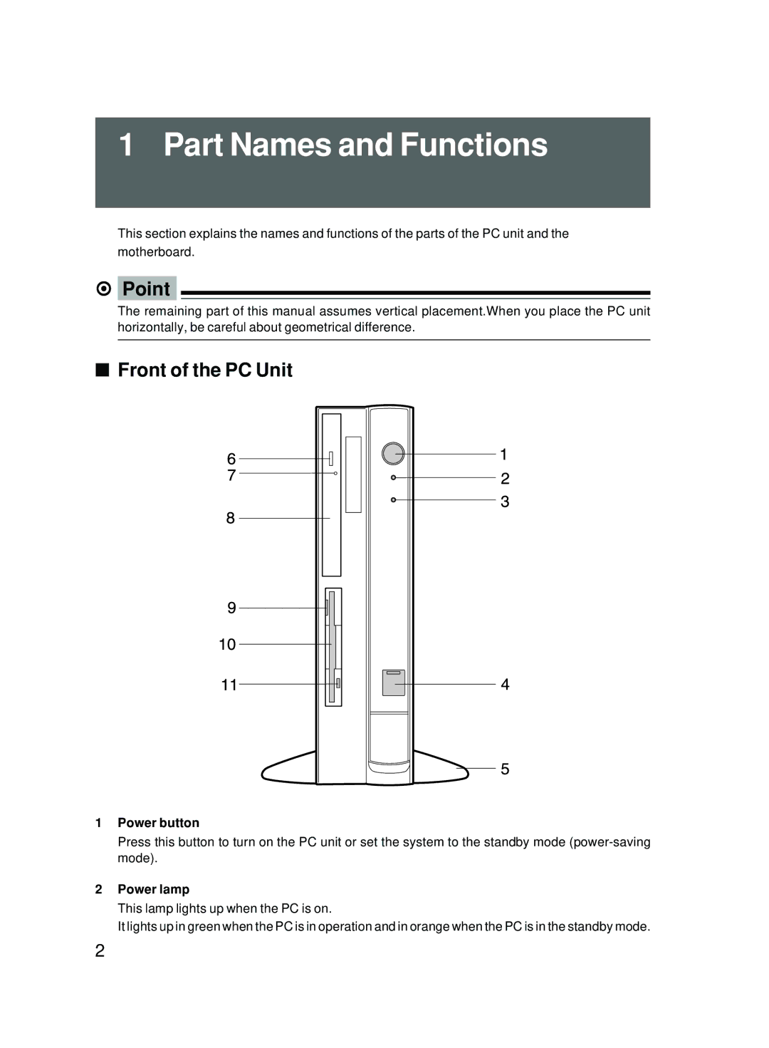 Fujitsu 5000 user manual Part Names and Functions, Front of the PC Unit, Power button, Power lamp 