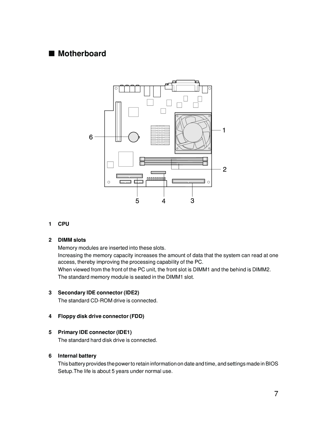 Fujitsu 5000 user manual Motherboard, Dimm slots, Secondary IDE connector IDE2, Internal battery 