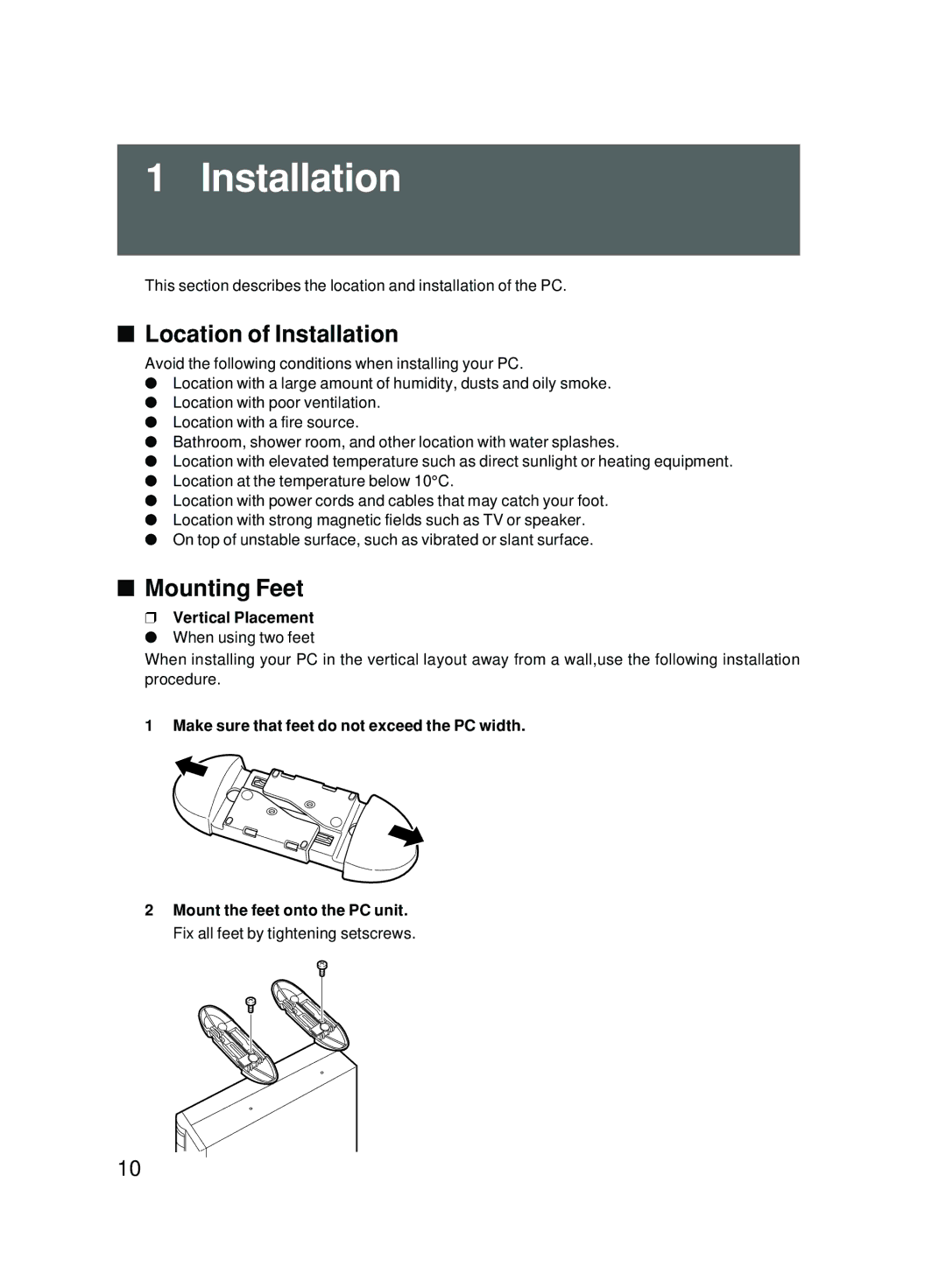 Fujitsu 5000 user manual Location of Installation, Mounting Feet, Vertical Placement 