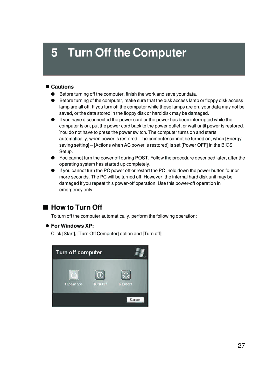 Fujitsu 5000 user manual Turn Off the Computer, How to Turn Off, For Windows XP 