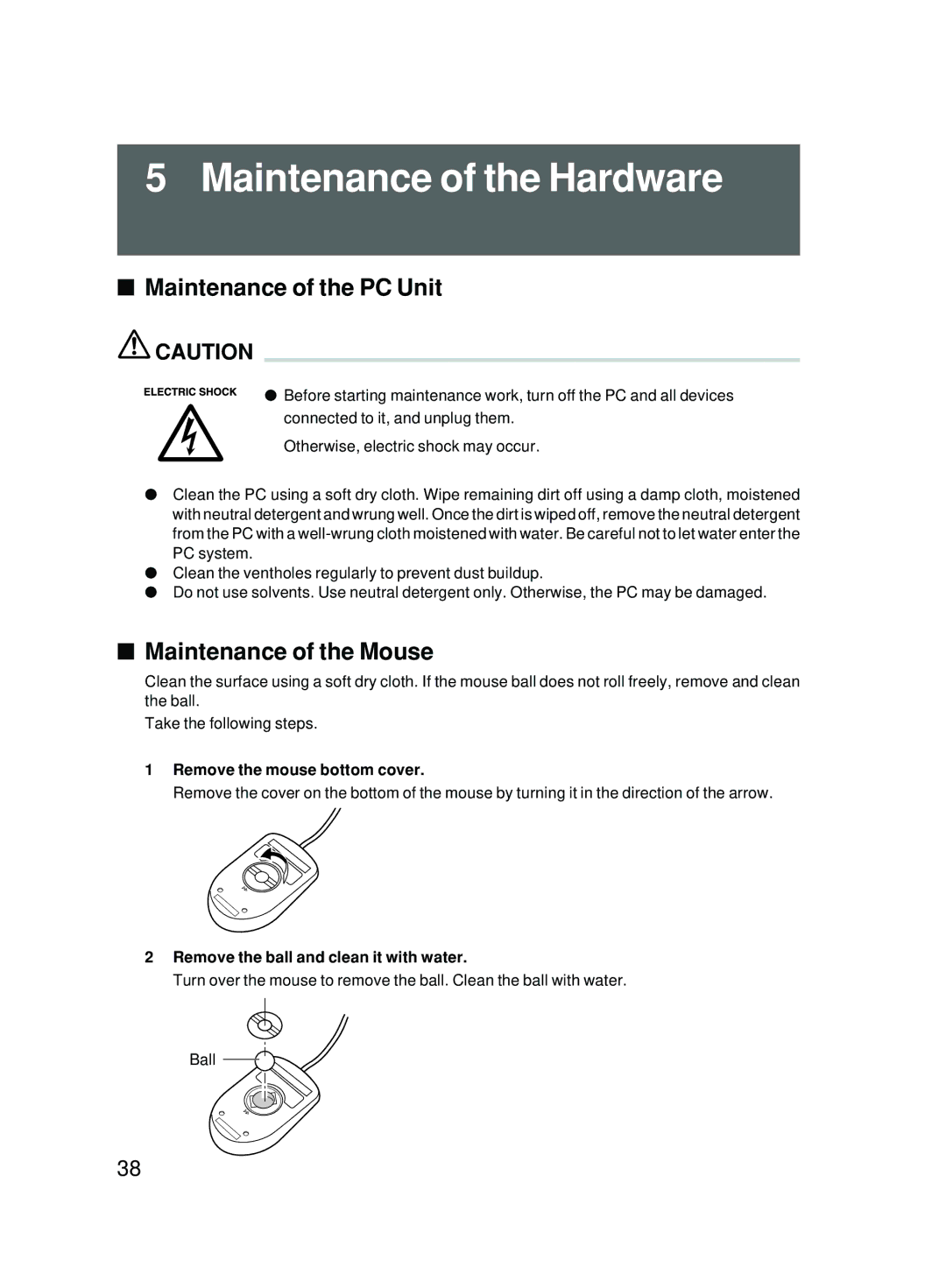 Fujitsu 5000 user manual Maintenance of the Hardware, Maintenance of the PC Unit, Maintenance of the Mouse 