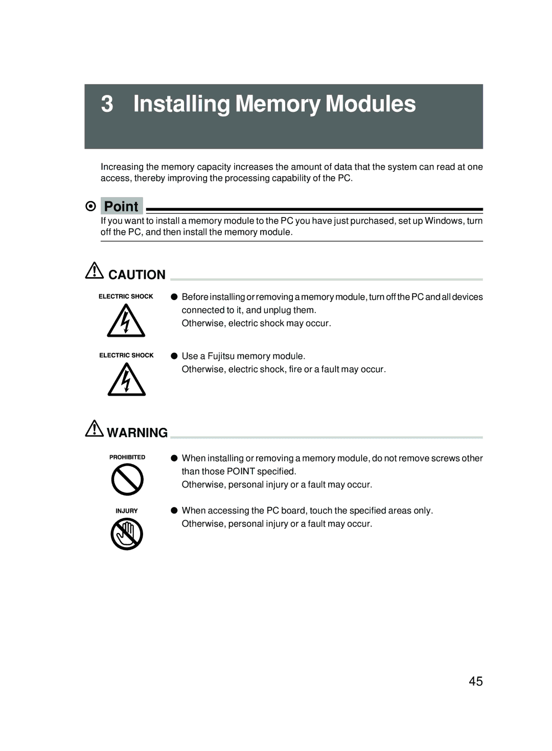 Fujitsu 5000 user manual Installing Memory Modules 