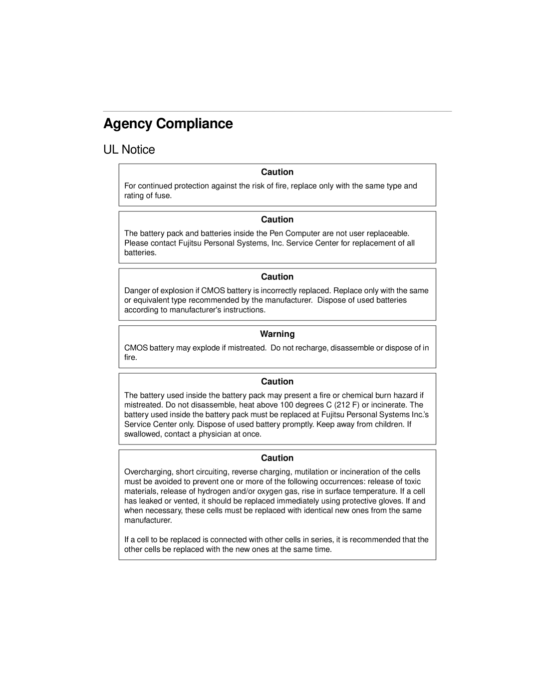 Fujitsu 510 manual Agency Compliance, UL Notice 