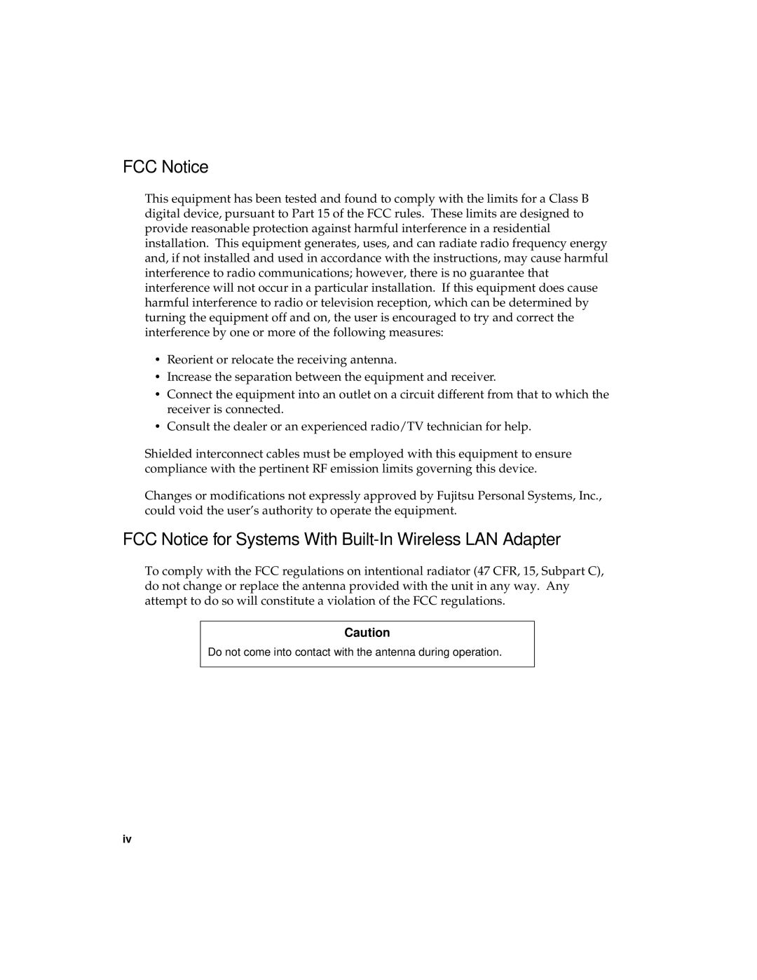 Fujitsu 510 manual FCC Notice for Systems With Built-In Wireless LAN Adapter 