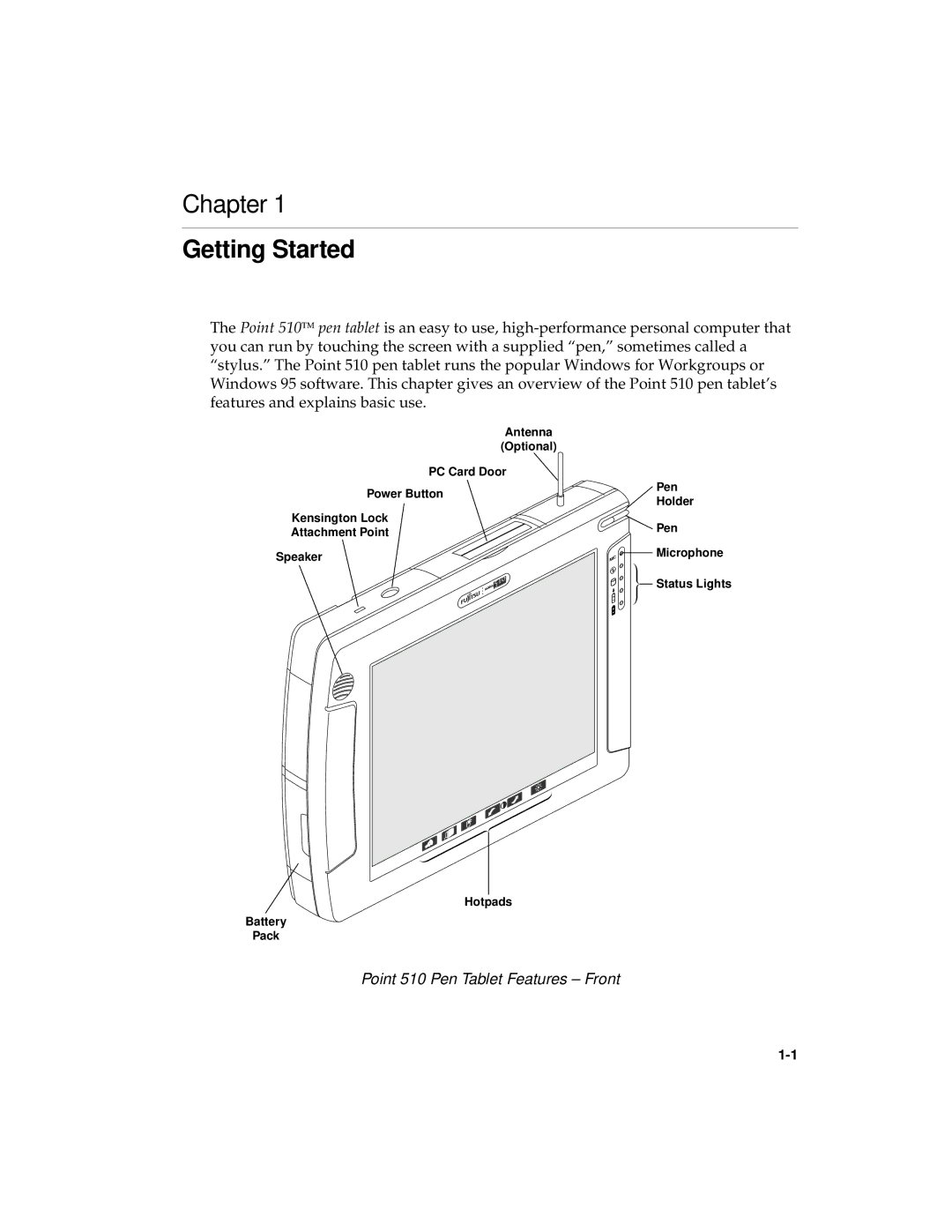 Fujitsu manual Getting Started, Point 510 Pen Tablet Features Front 