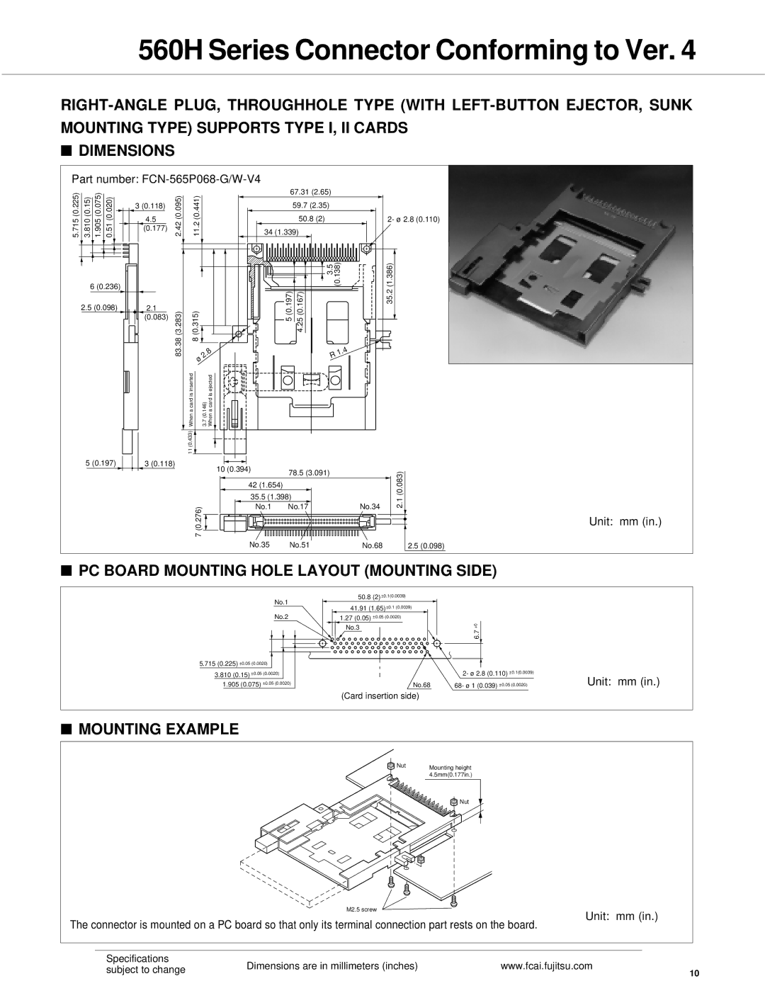 Fujitsu 560H dimensions Part number FCN-565P068-G/W-V4 